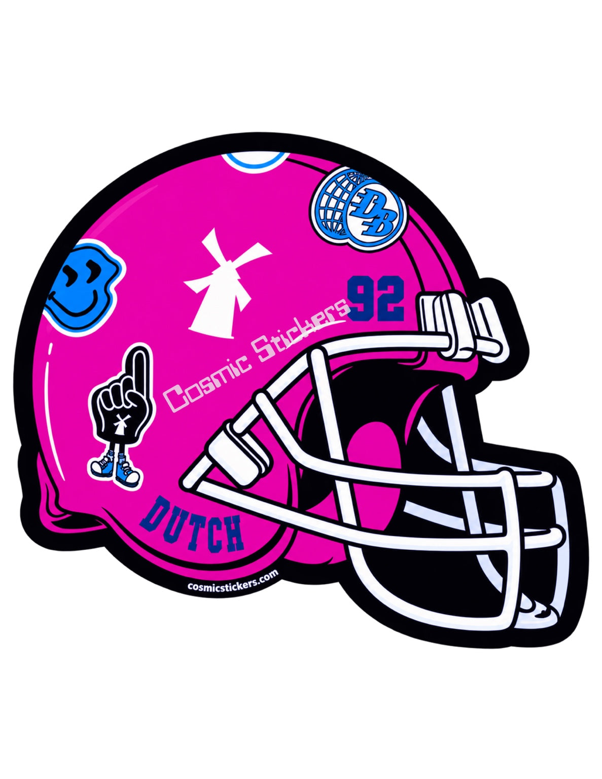 Fan-made Dutch 92 football helmet sticker in hot pink with blue, white, and black details