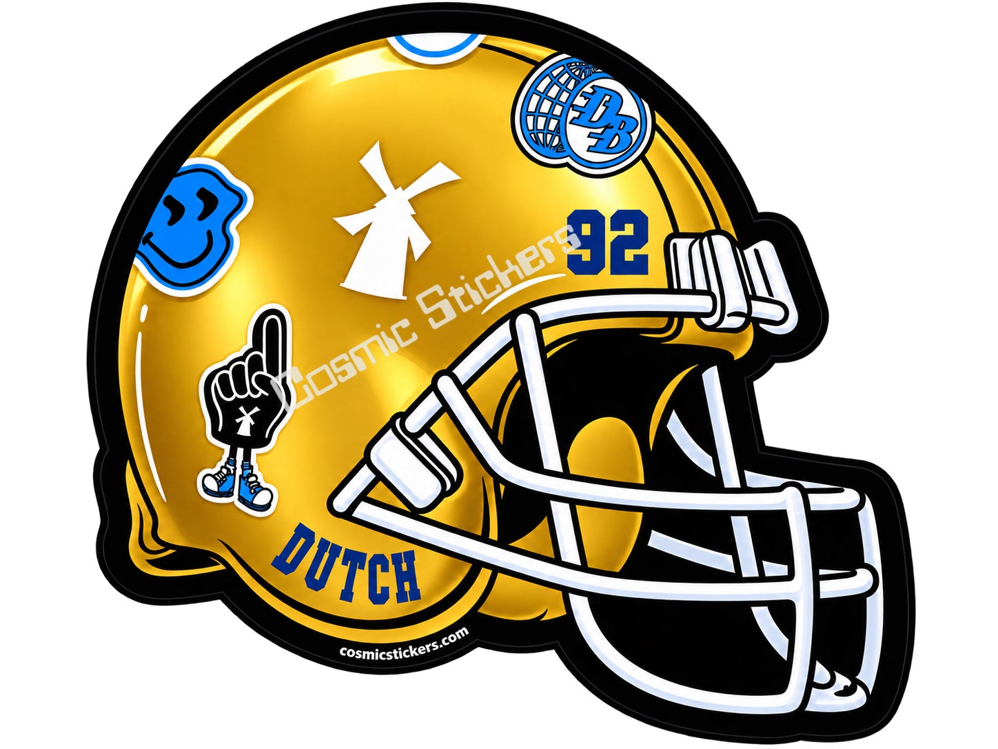 Fan-made Dutch 92 football helmet sticker in metallic gold with blue, white, and black details