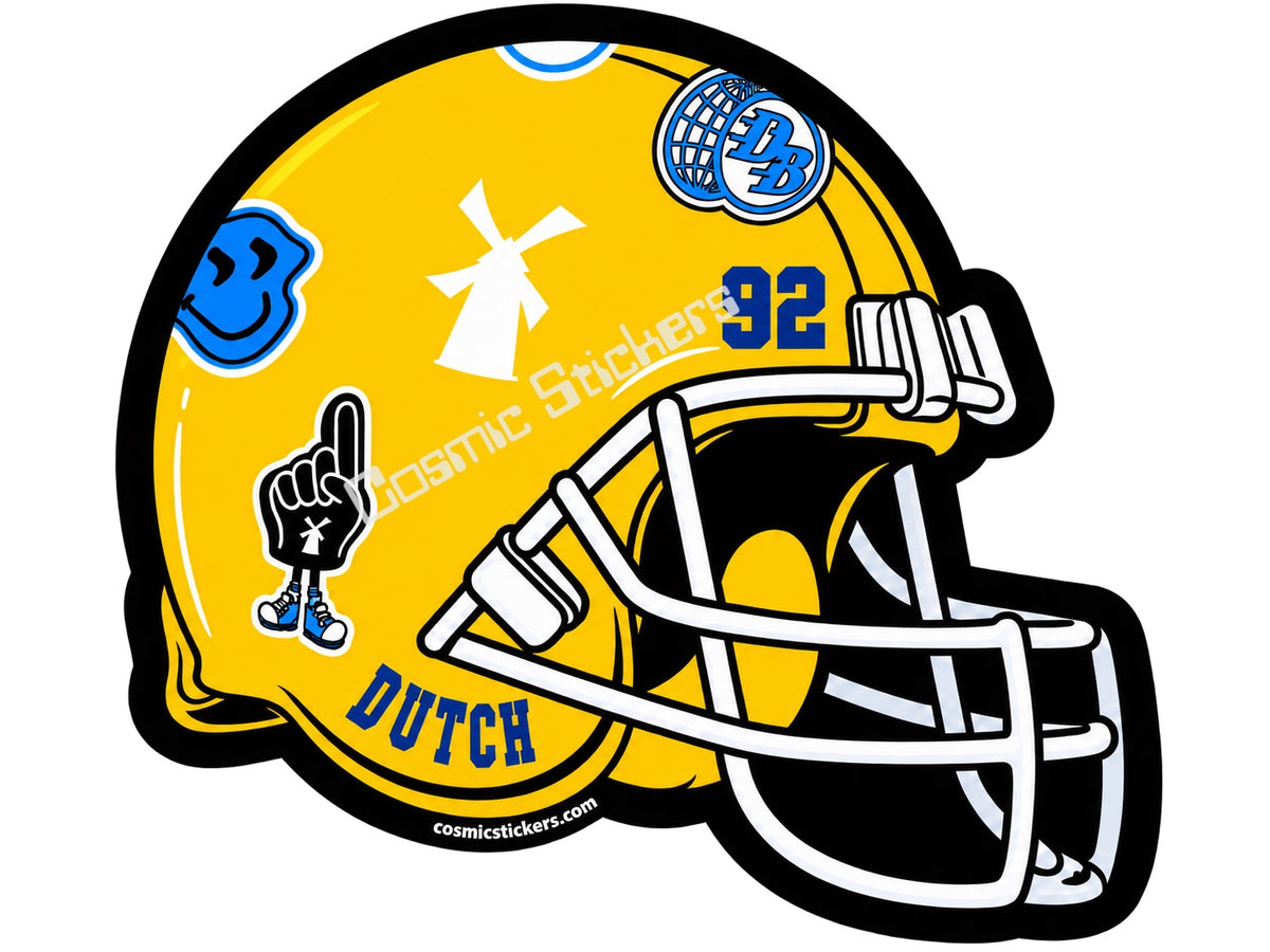 Fan-made Dutch 92 football helmet sticker in yellow with blue, white, and black details
