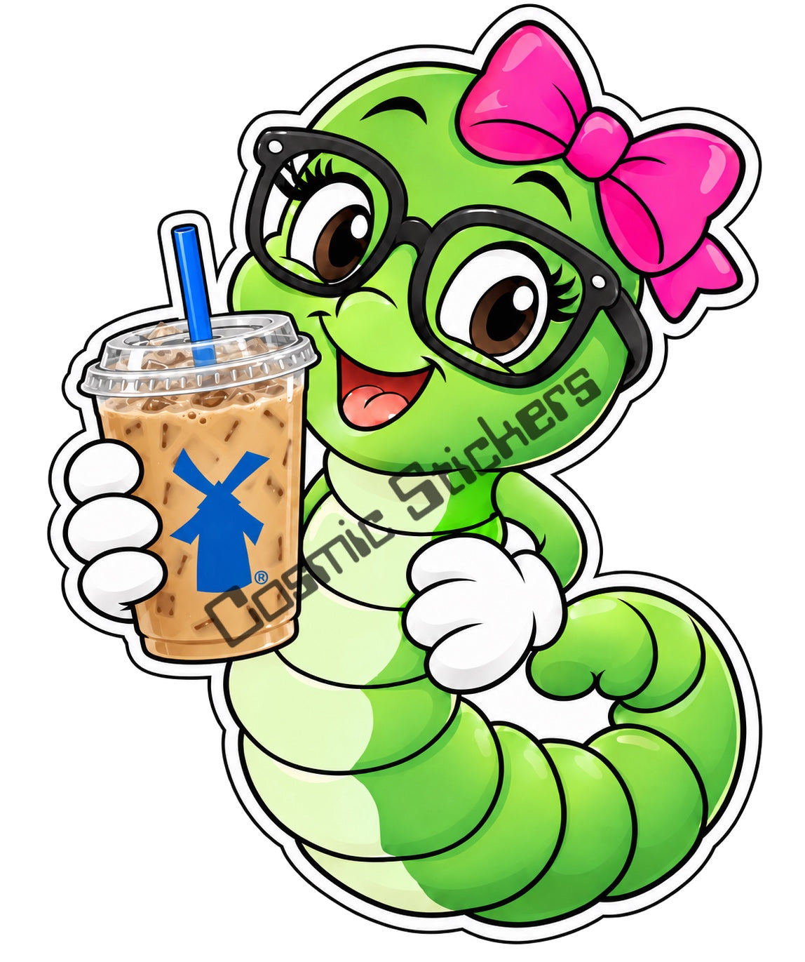 Fan-made Dutch Bros coffee bookworm sticker with pink bow holding iced coffee