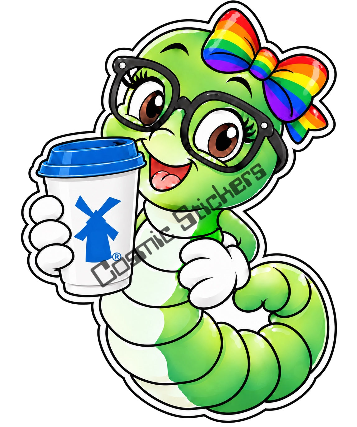 Fan-made Dutch Bros coffee bookworm sticker with rainbow bow holding hot coffee