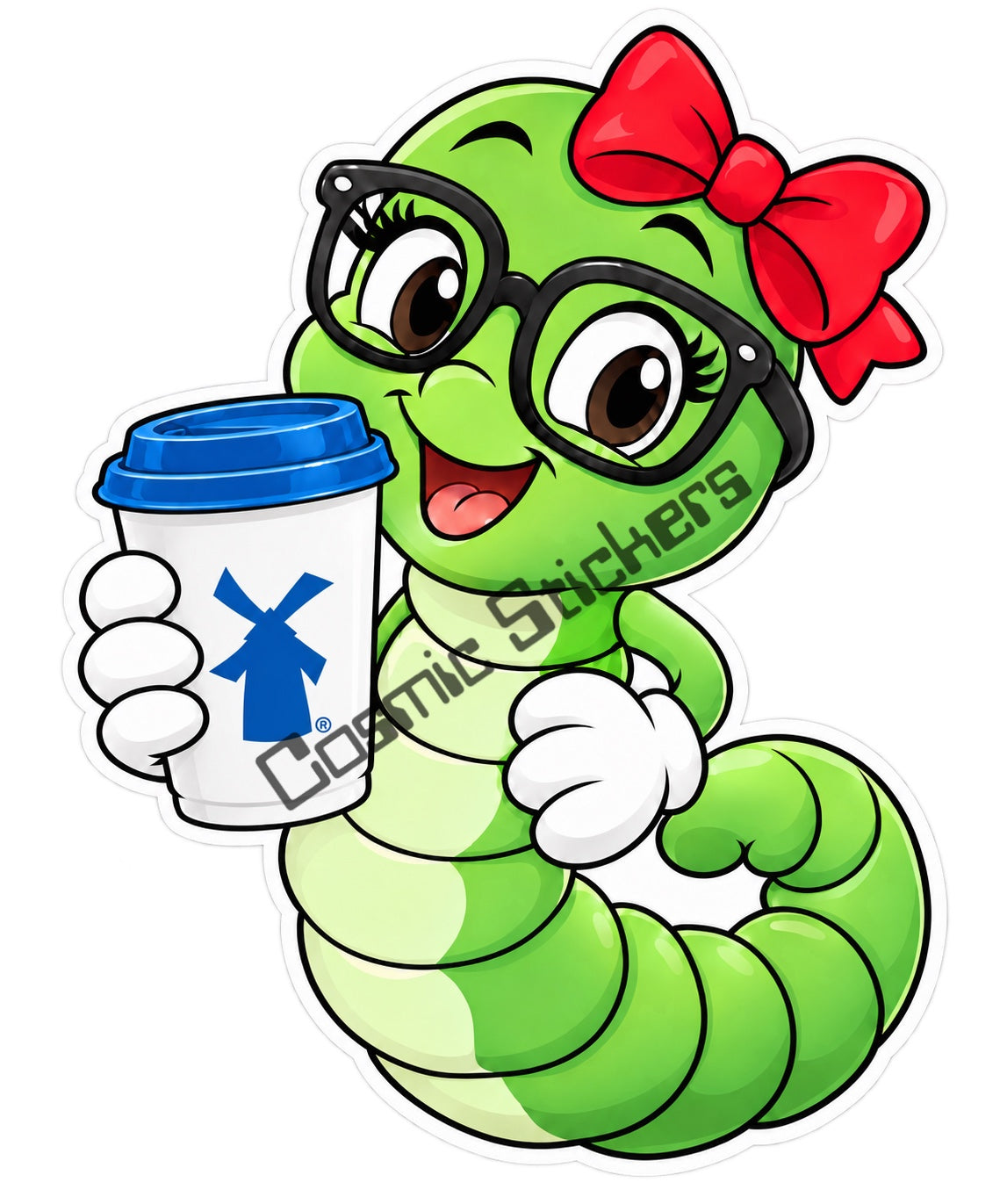 Fan-made Dutch Bros coffee bookworm sticker with red bow holding hot coffee