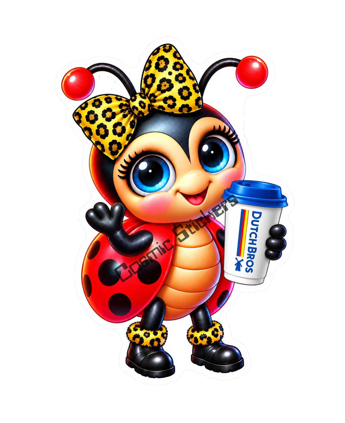 Fan-Made Dutch Bros Coffee Ladybug Sticker | Yellow Leopard Bow | Hot Coffee