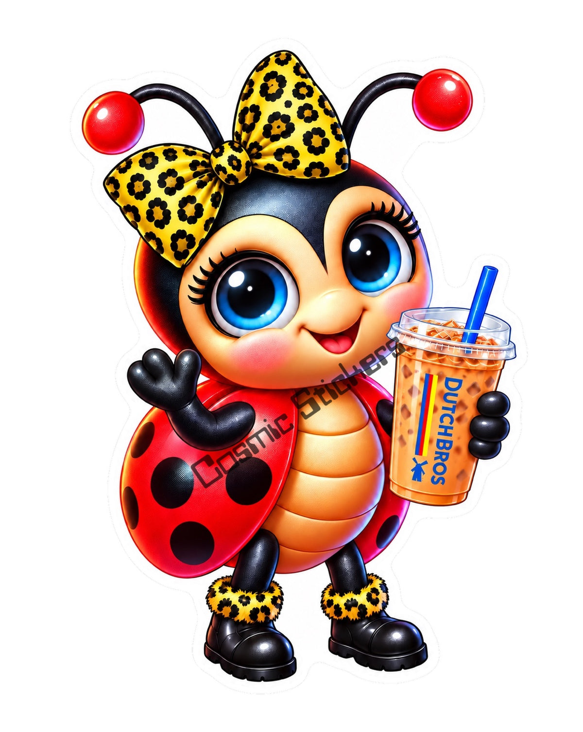 Fan-Made Dutch Bros Coffee Ladybug Sticker | Yellow Leopard Bow | Iced Coffee