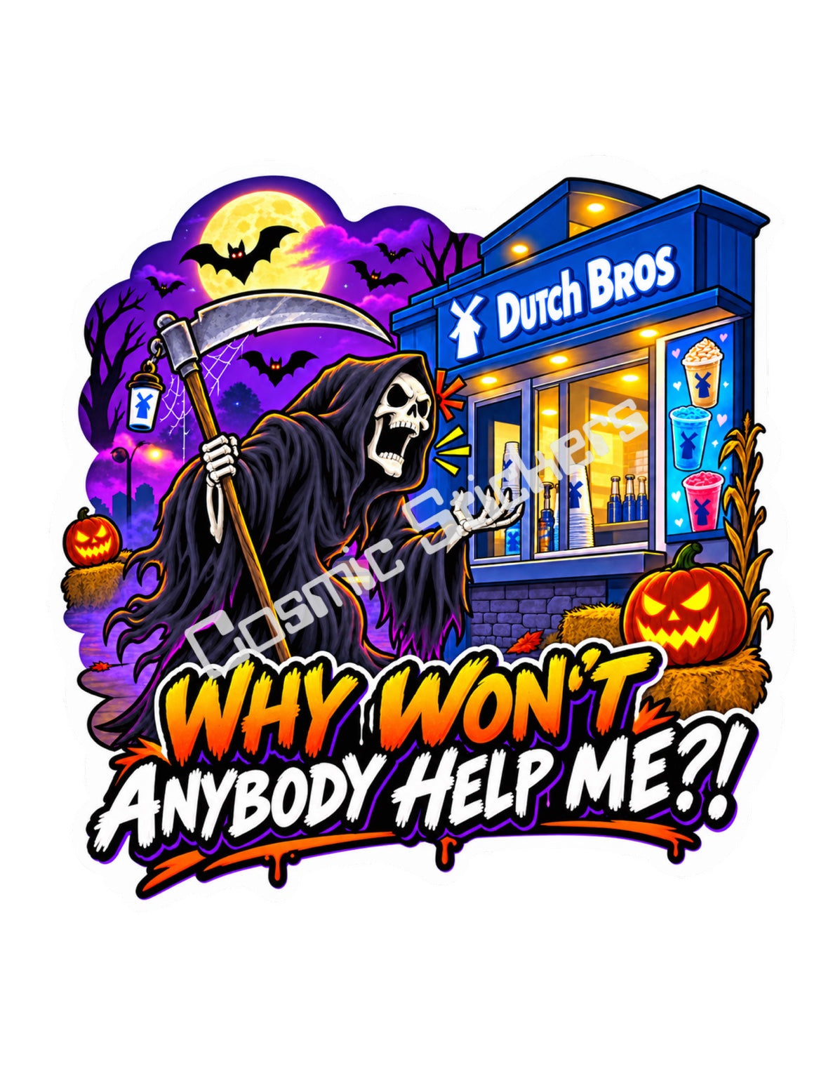Fan-made Grim Reaper Dutch Bros inspired Halloween vinyl sticker