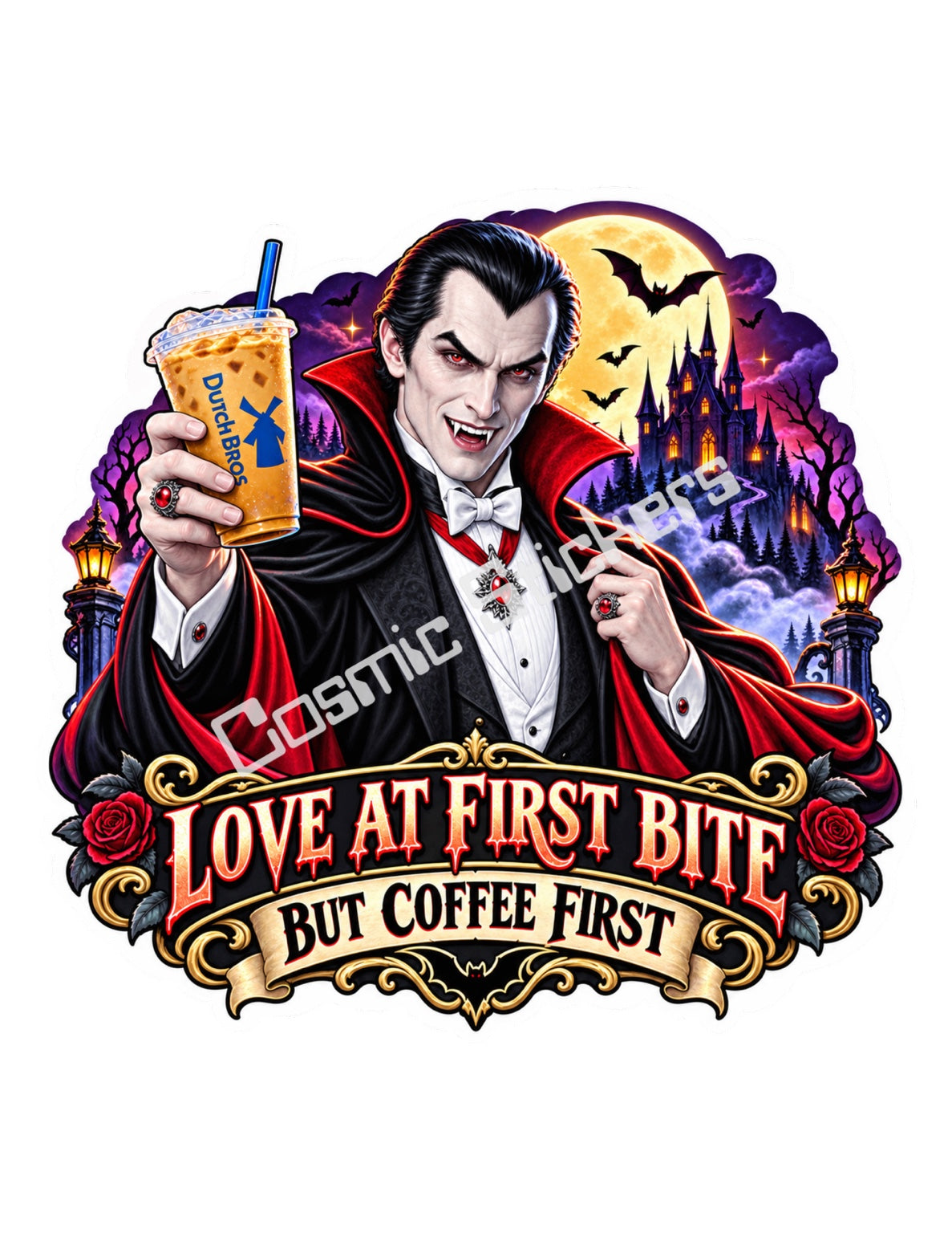 Fan-made Love at First Bite Dracula Dutch Bros inspired Halloween vinyl sticker