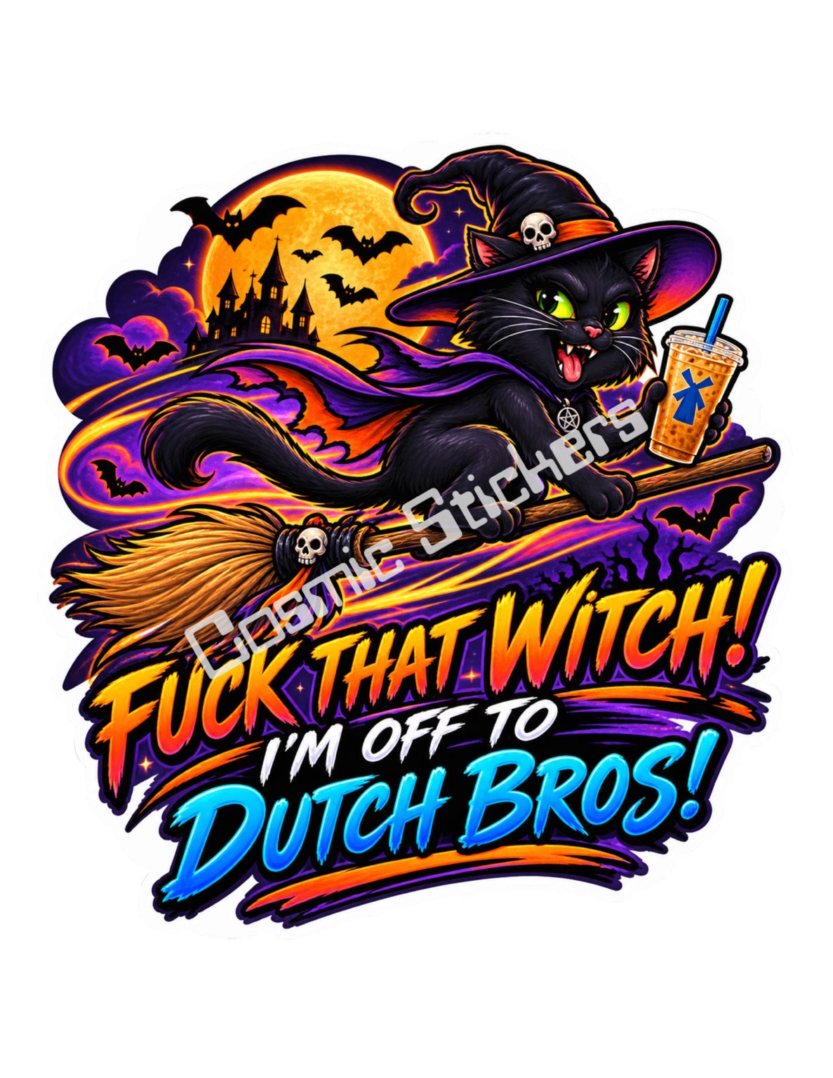 Fan-made Halloween witch cat Dutch Bros inspired vinyl sticker