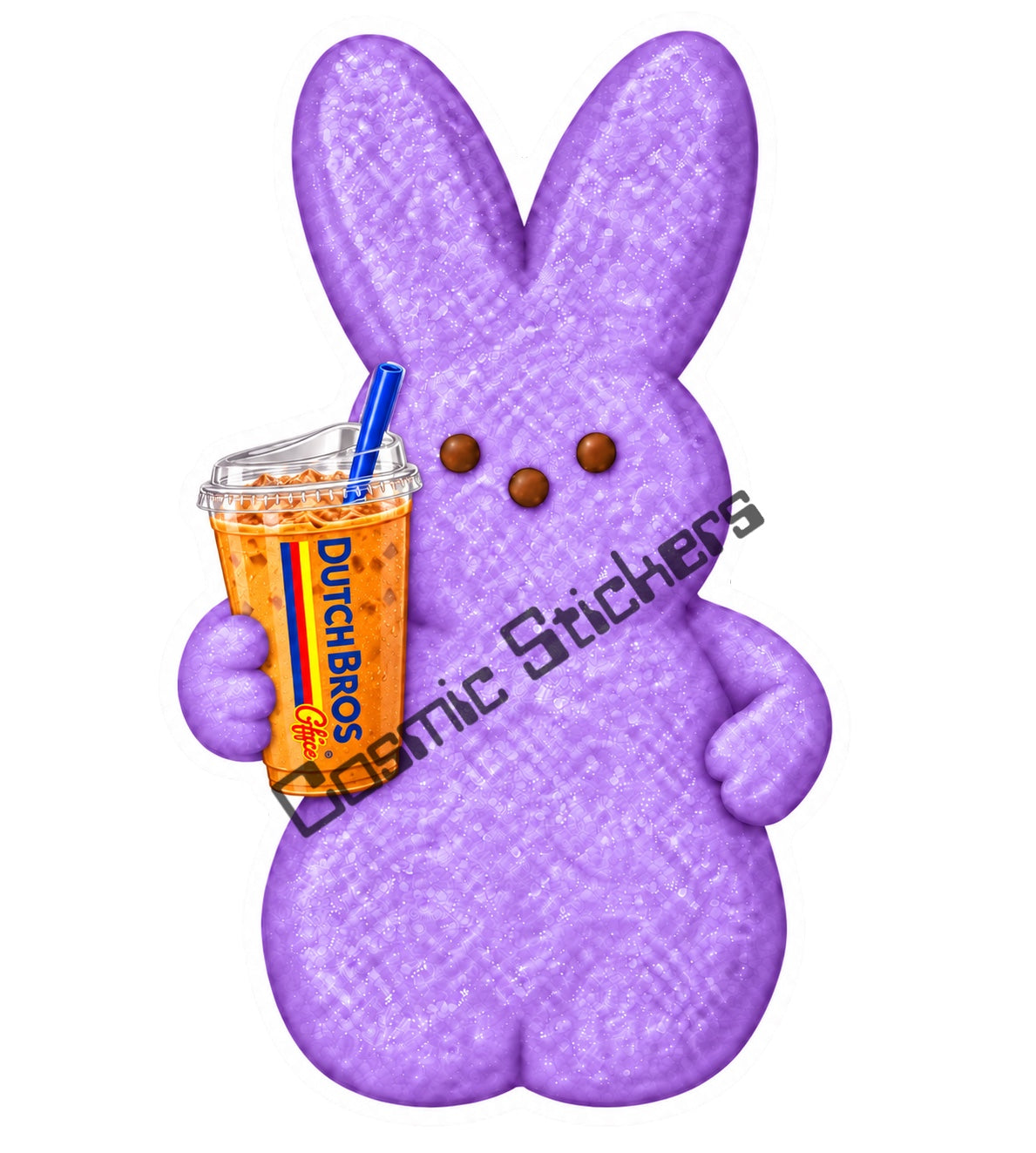 Purple marshmallow bunny holding Dutch Bros iced coffee