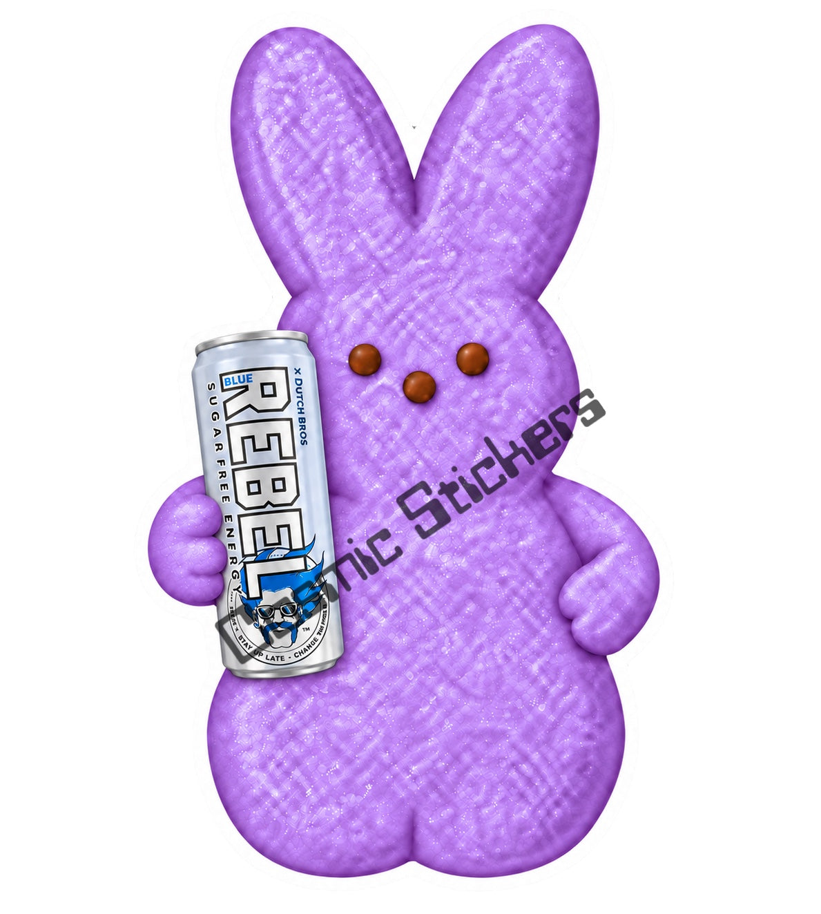 Purple marshmallow bunny holding sugar-free Dutch Bros Rebel can