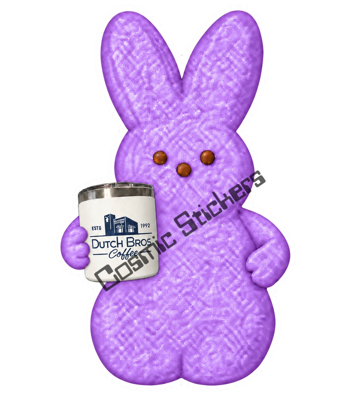 Purple marshmallow bunny holding Dutch Bros travel tumbler
