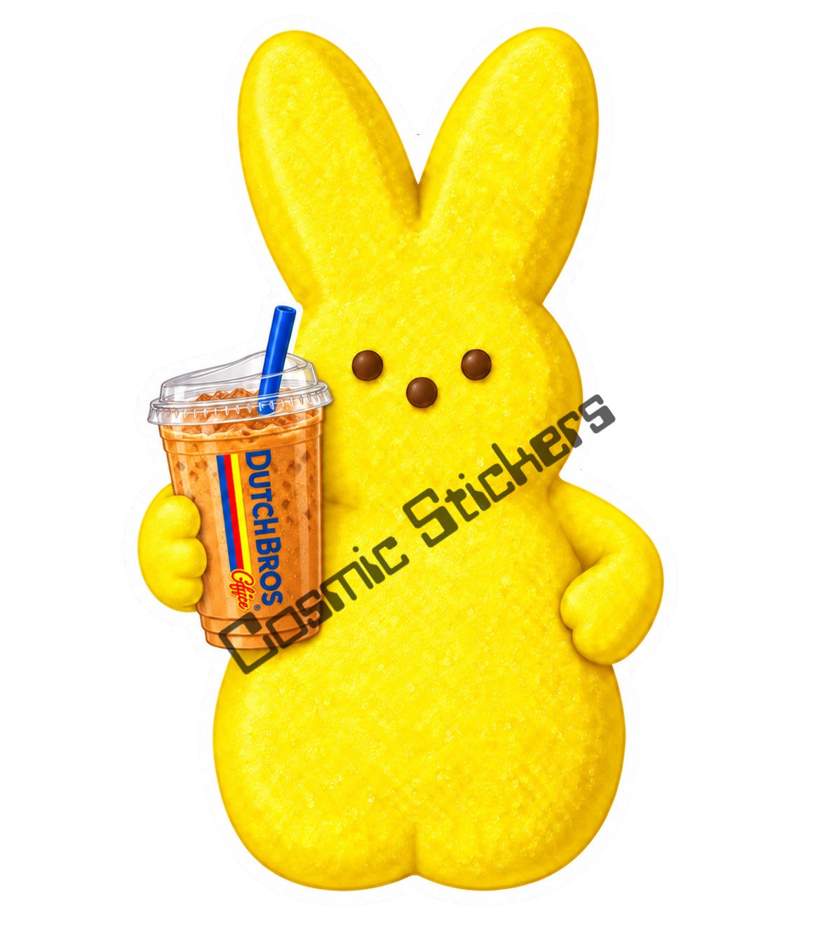 Yellow marshmallow bunny holding Dutch Bros iced coffee