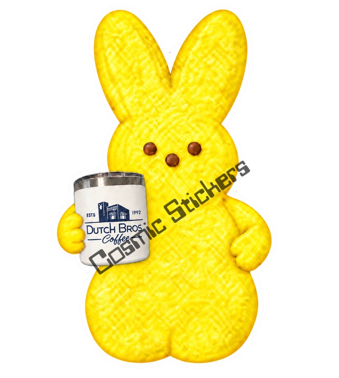 Yellow marshmallow bunny holding Dutch Bros travel tumbler