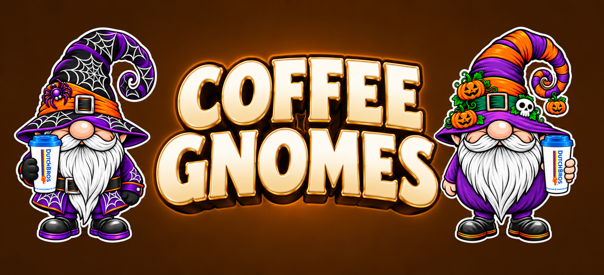 Coffee Gnomes with centered lettering and two fully visible coffee gnomes