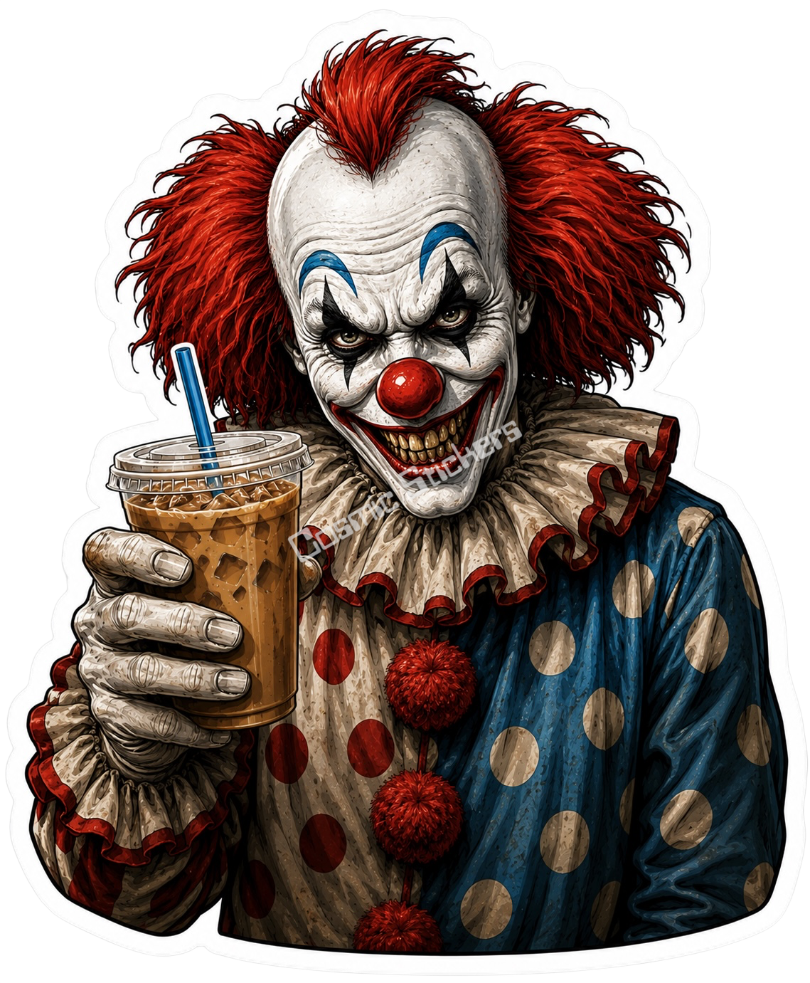 Caffeinated Nightmares - Coffee the Clown premium die-cut vinyl sticker by Cosmic Stickers