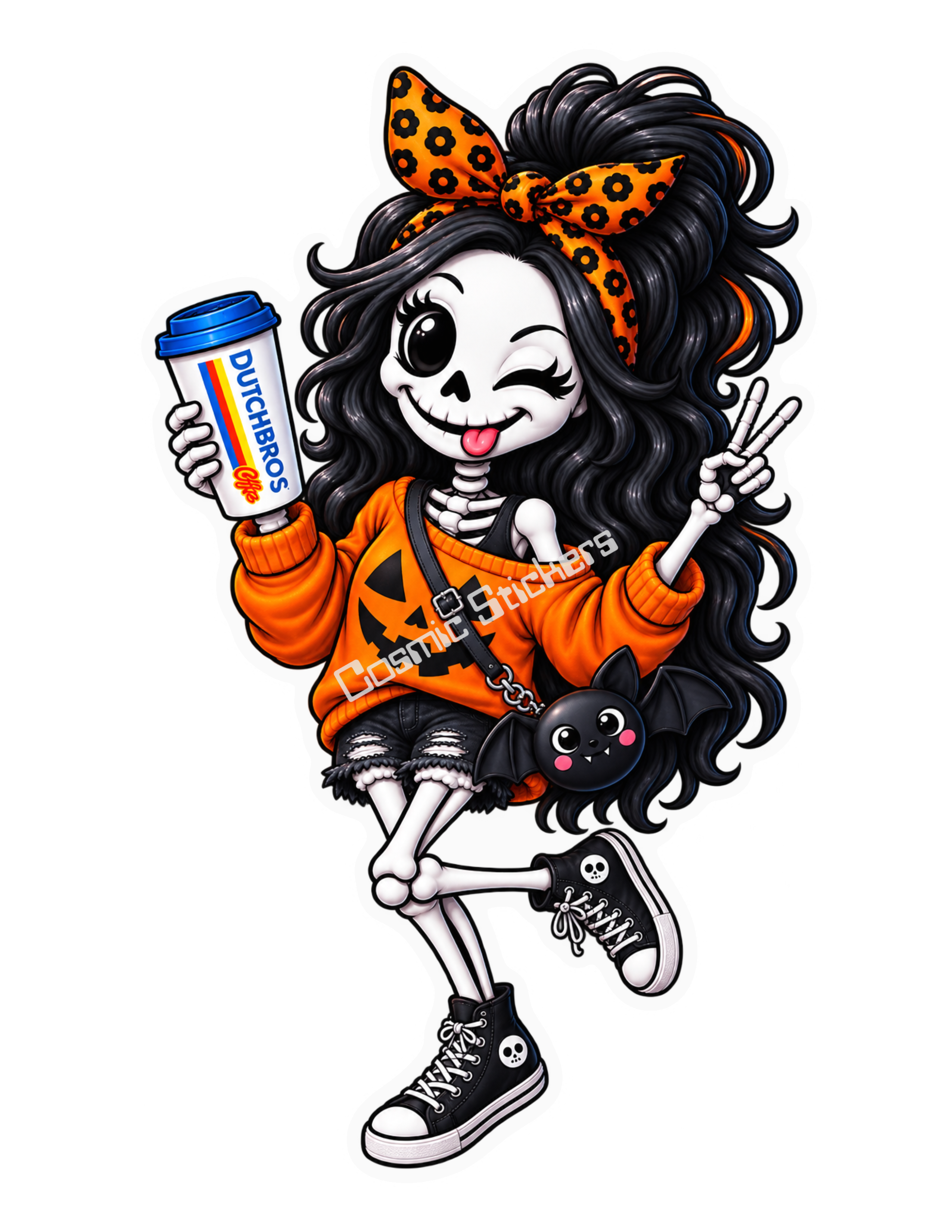 Orange Pumpkin Caffeine & Bones Skeleton Hot Coffee Girl w/ Bat Purse Sticker
