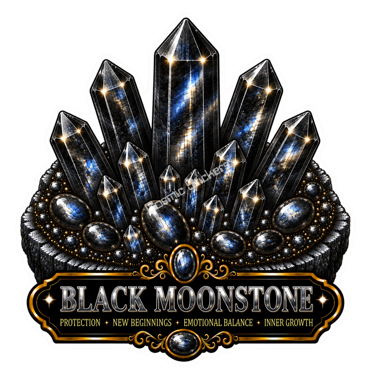 Crystal Meanings Collection - Black Moonstone premium die-cut vinyl sticker by Cosmic Stickers