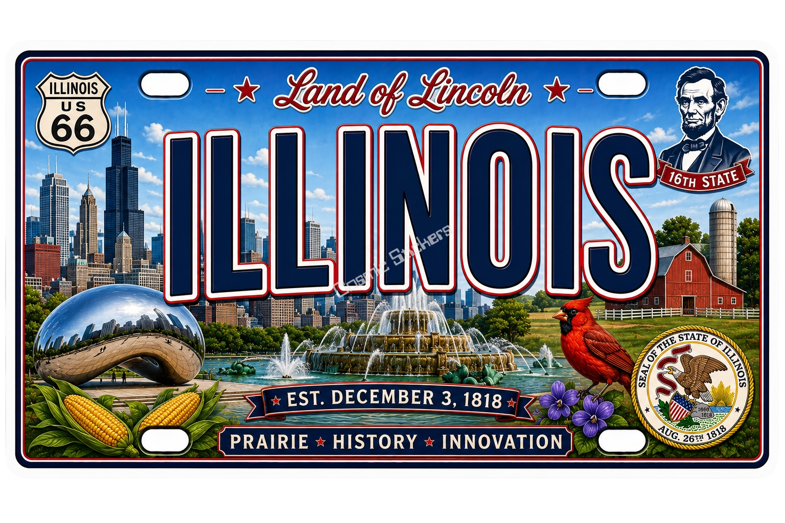 50 State License Plate Sticker Collection •IL• premium die-cut vinyl sticker by Cosmic Stickers