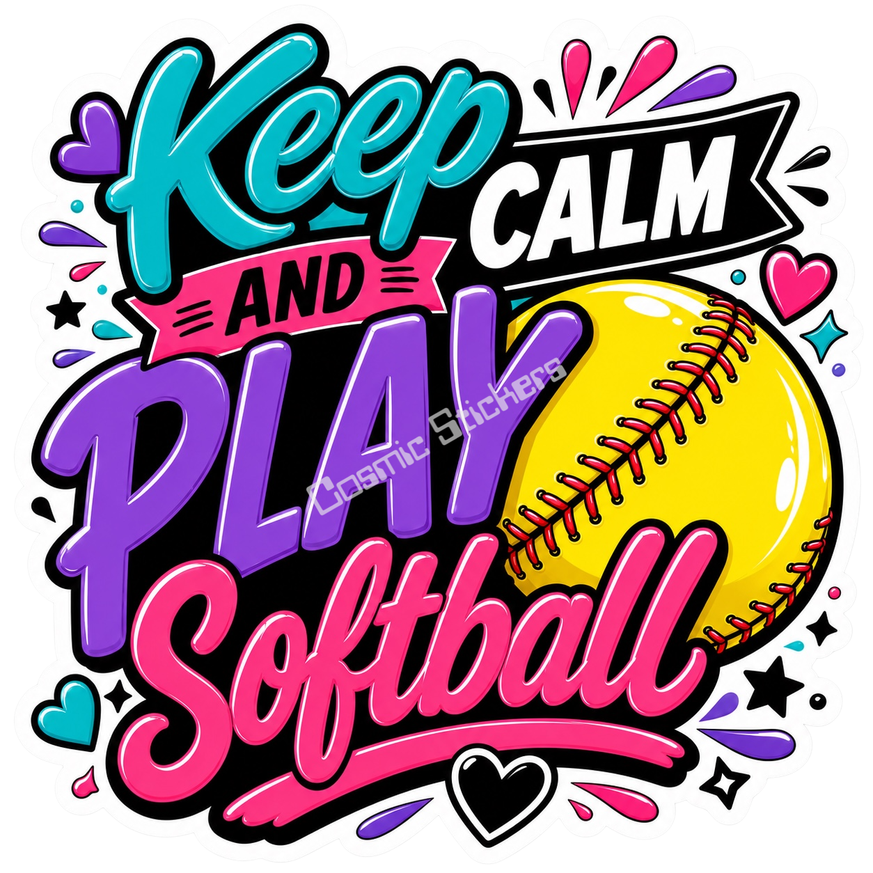 Girls Softball - Keep Calm and Play Softball premium die-cut vinyl sticker by Cosmic Stickers