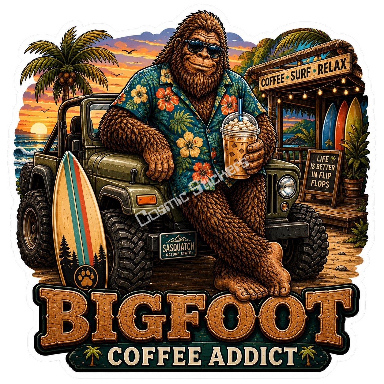 Bigfoot Stickers - Coffee Addict in Hawaiian Shirt