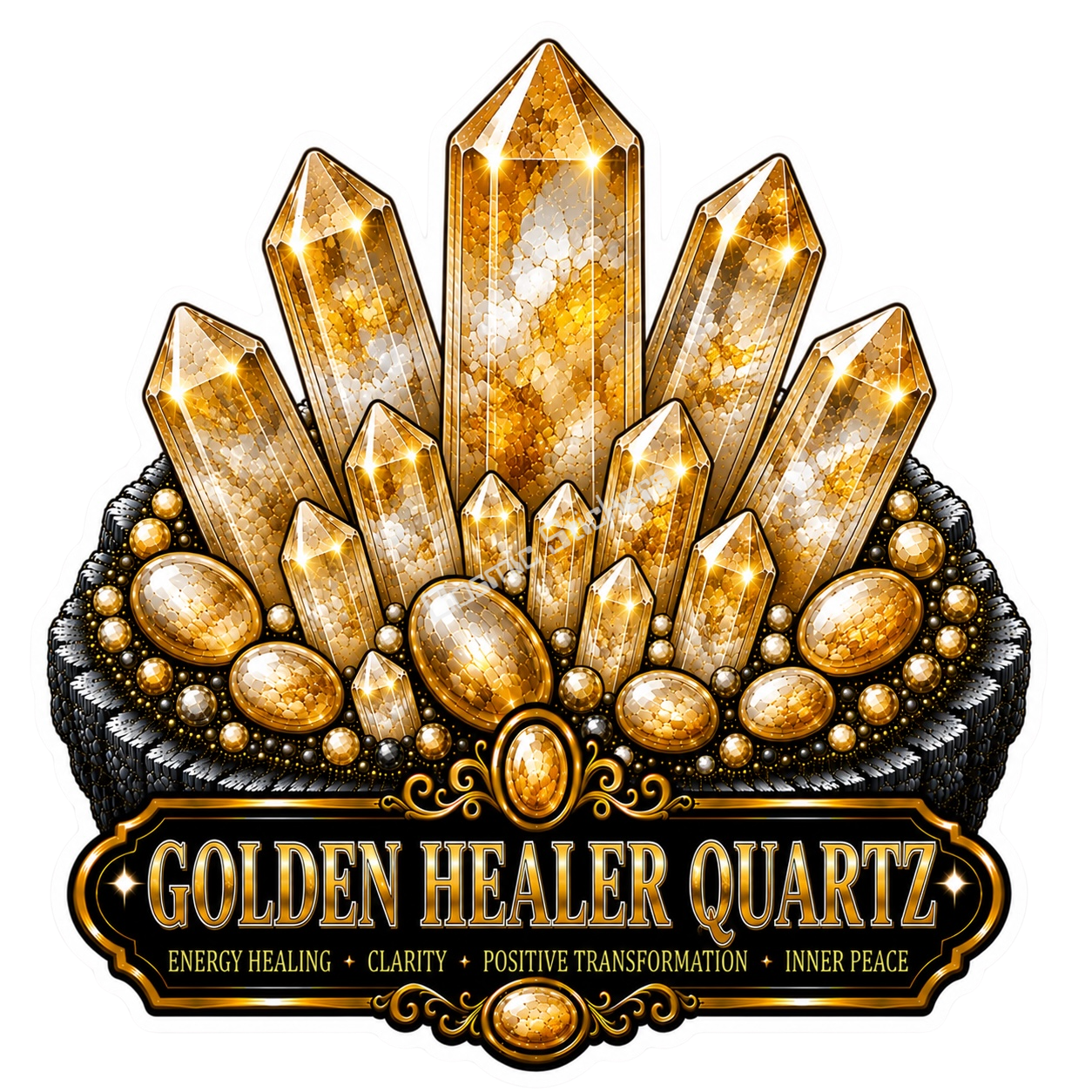 Crystal Meanings Collection - Golden Healer Quartz premium die-cut vinyl sticker by Cosmic Stickers