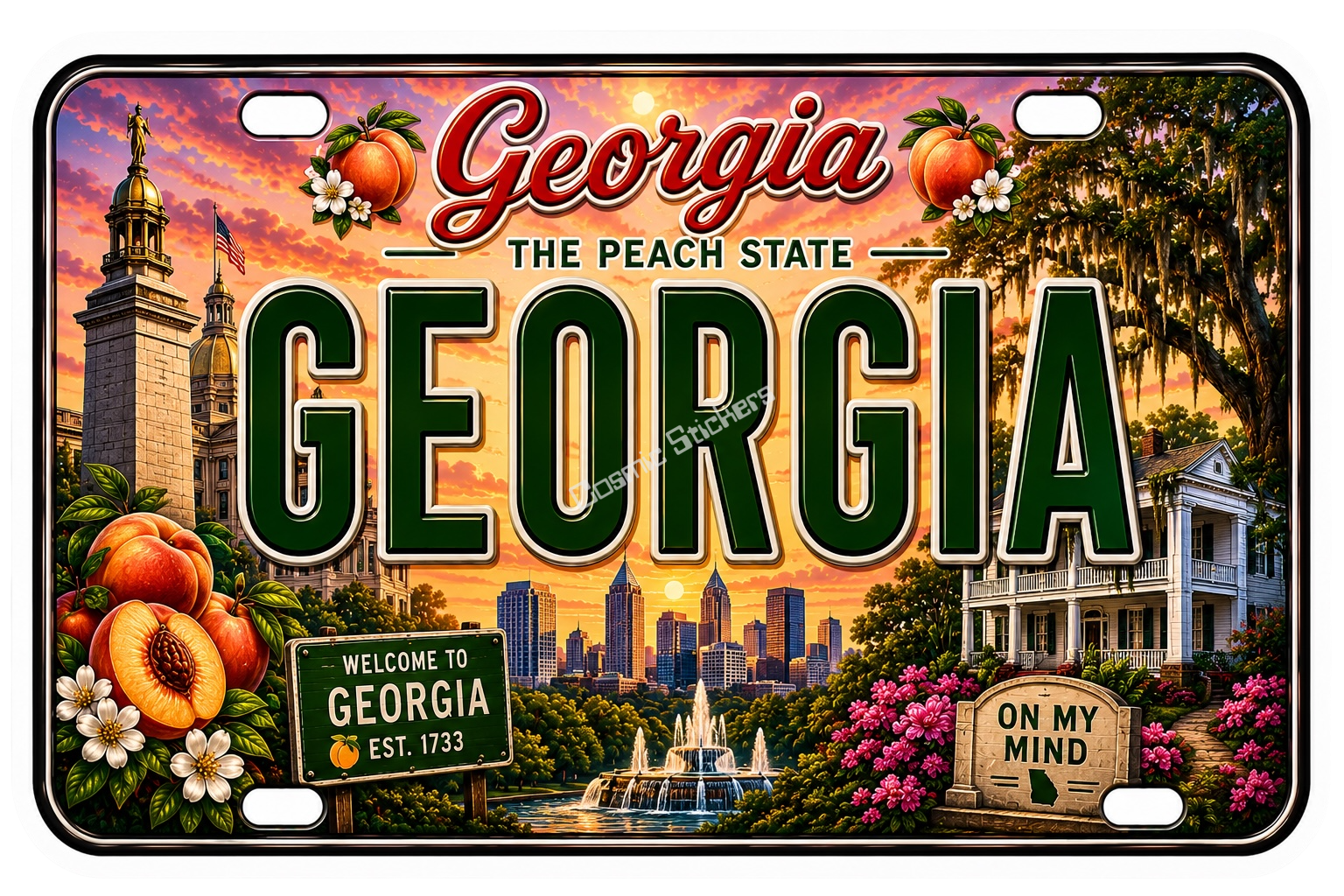50 State License Plate Sticker Collection •GA• premium die-cut vinyl sticker by Cosmic Stickers