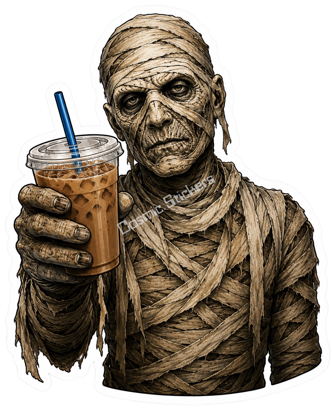Caffeinated Nightmares - Mummy premium die-cut vinyl sticker by Cosmic Stickers