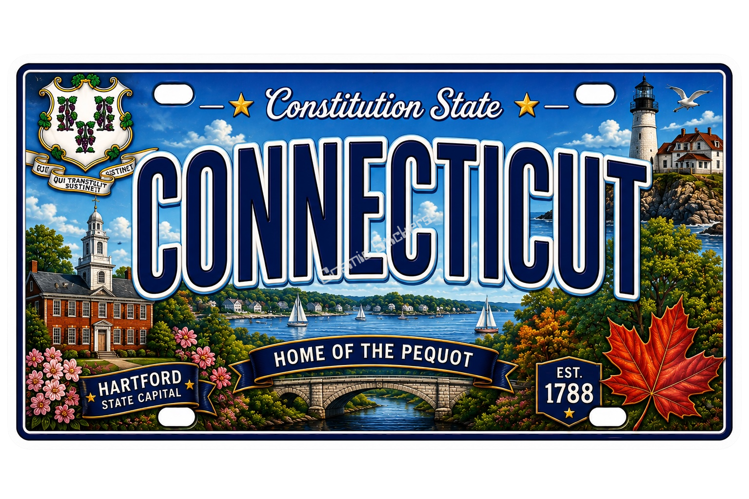 50 State License Plate Sticker Collection •CT• premium die-cut vinyl sticker by Cosmic Stickers