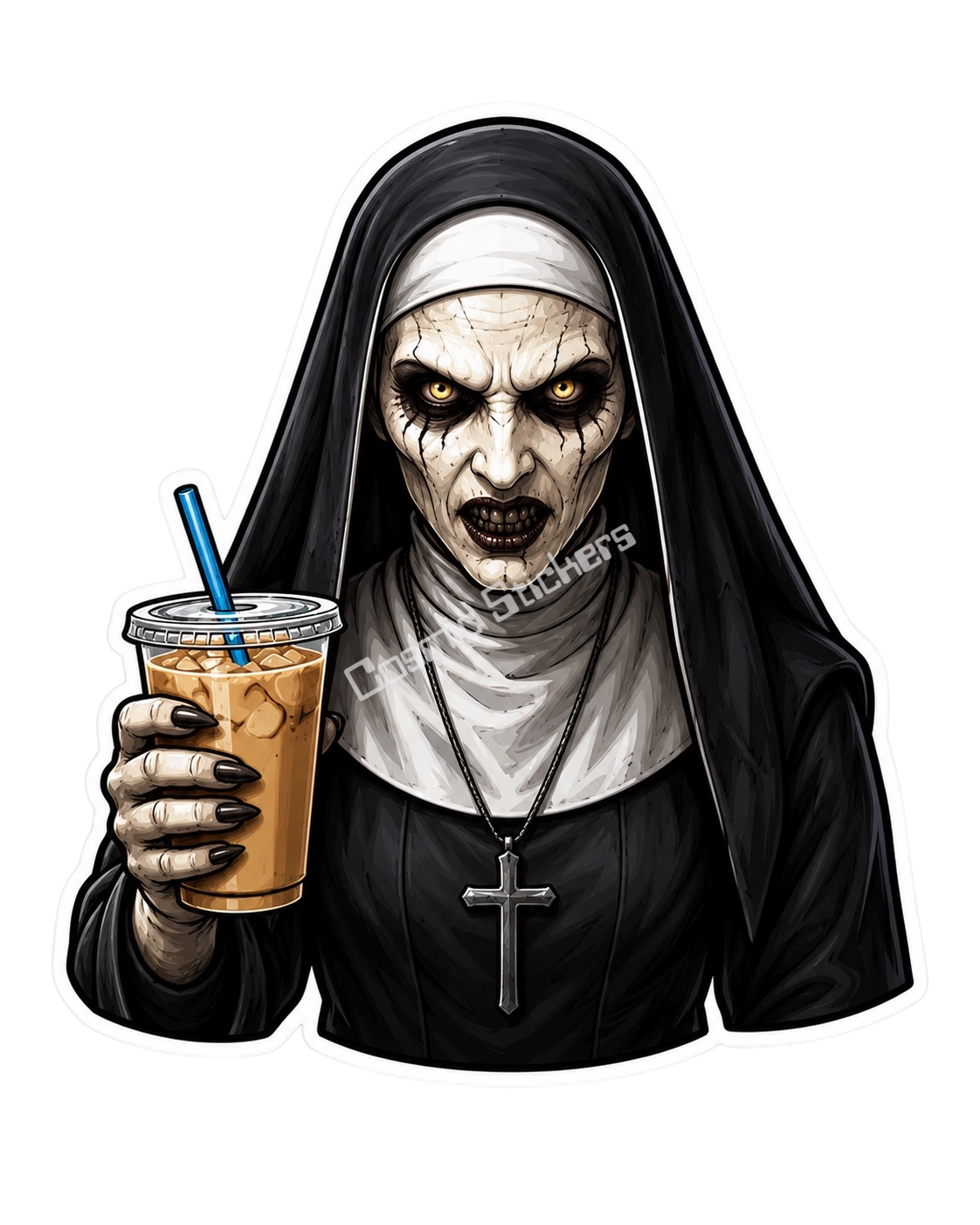 Caffeinated Nightmares - Nun premium die-cut vinyl sticker by Cosmic Stickers