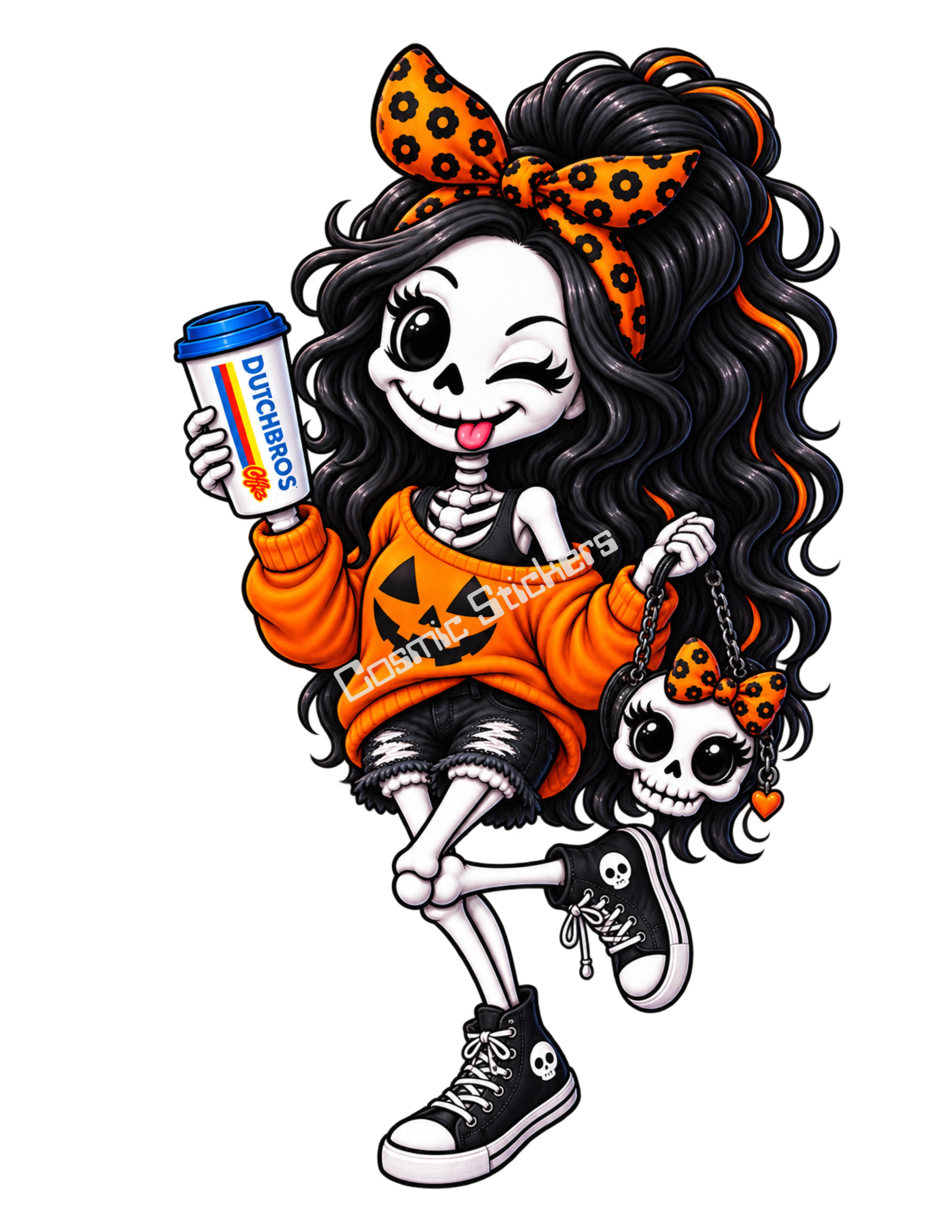 Orange Caffeine & Bones Skeleton Hot Coffee Girl w/ Skull Purse Sticker