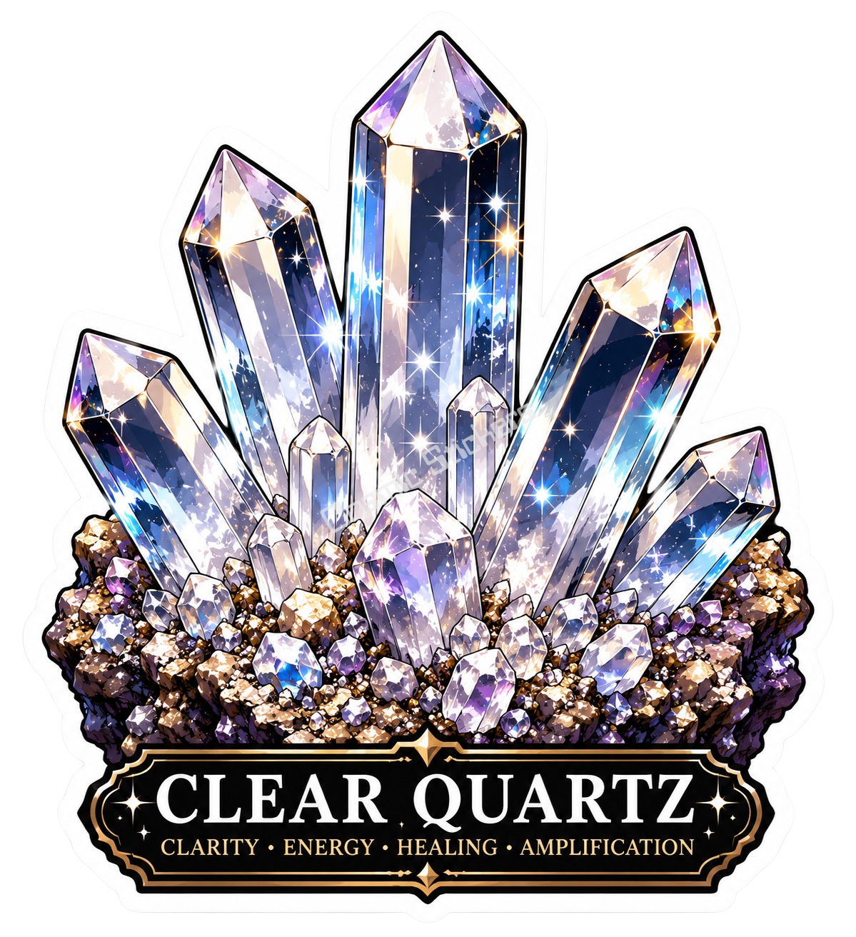 Crystal Meanings Collection - Clear Quartz premium die-cut vinyl sticker by Cosmic Stickers