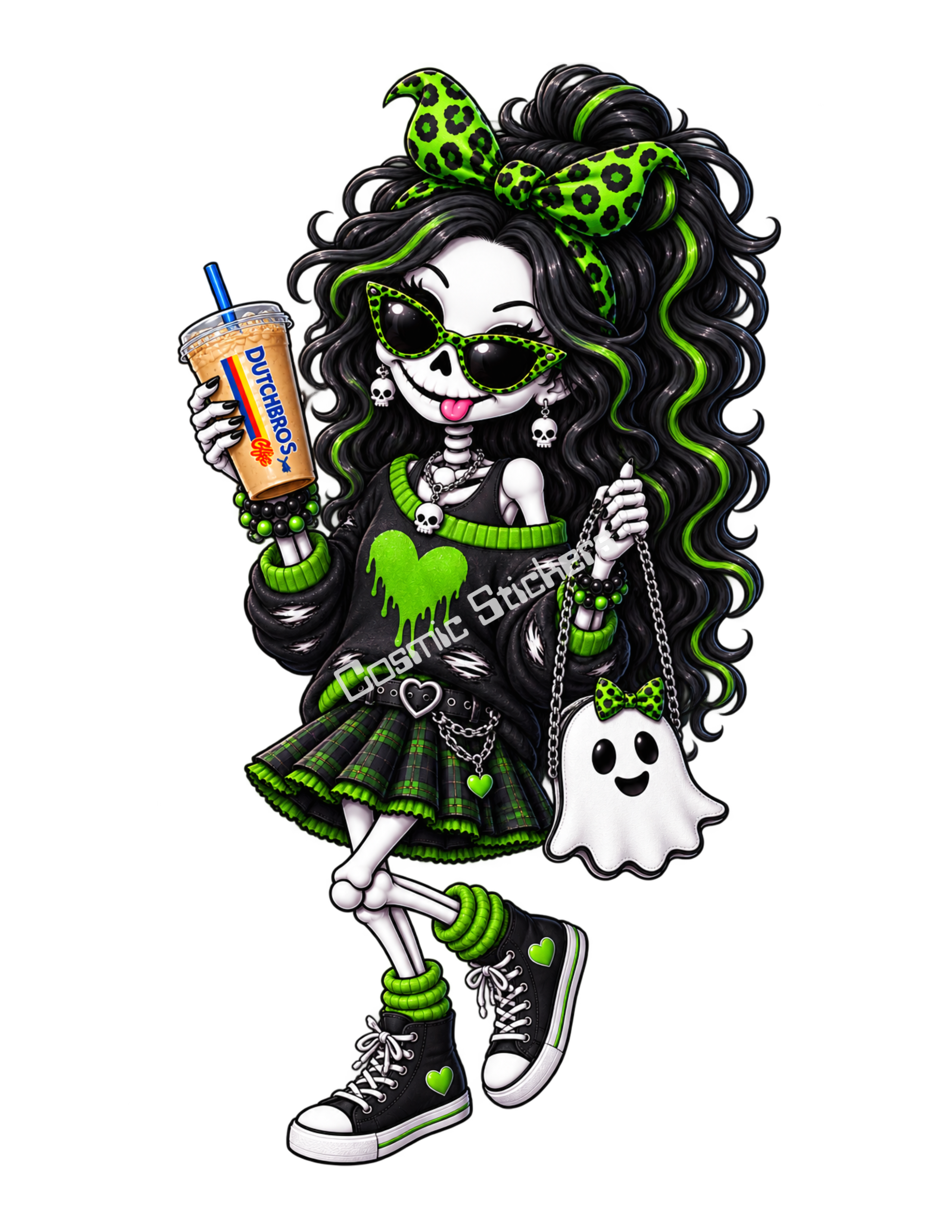 Green Caffeine & Bones Skeleton Iced Coffee Girl w/ Ghost Purse Sticker