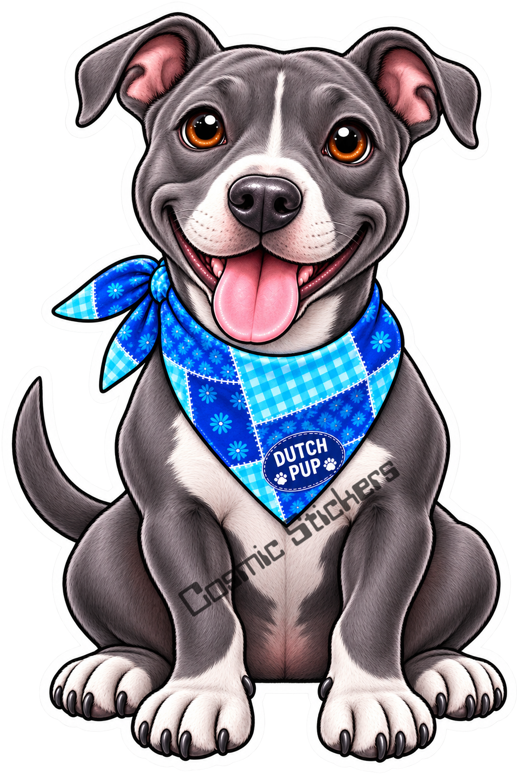Fan-Made Dutch Pups! - Pit Bull Gray w/ Blue Bandana Vinyl Sticker