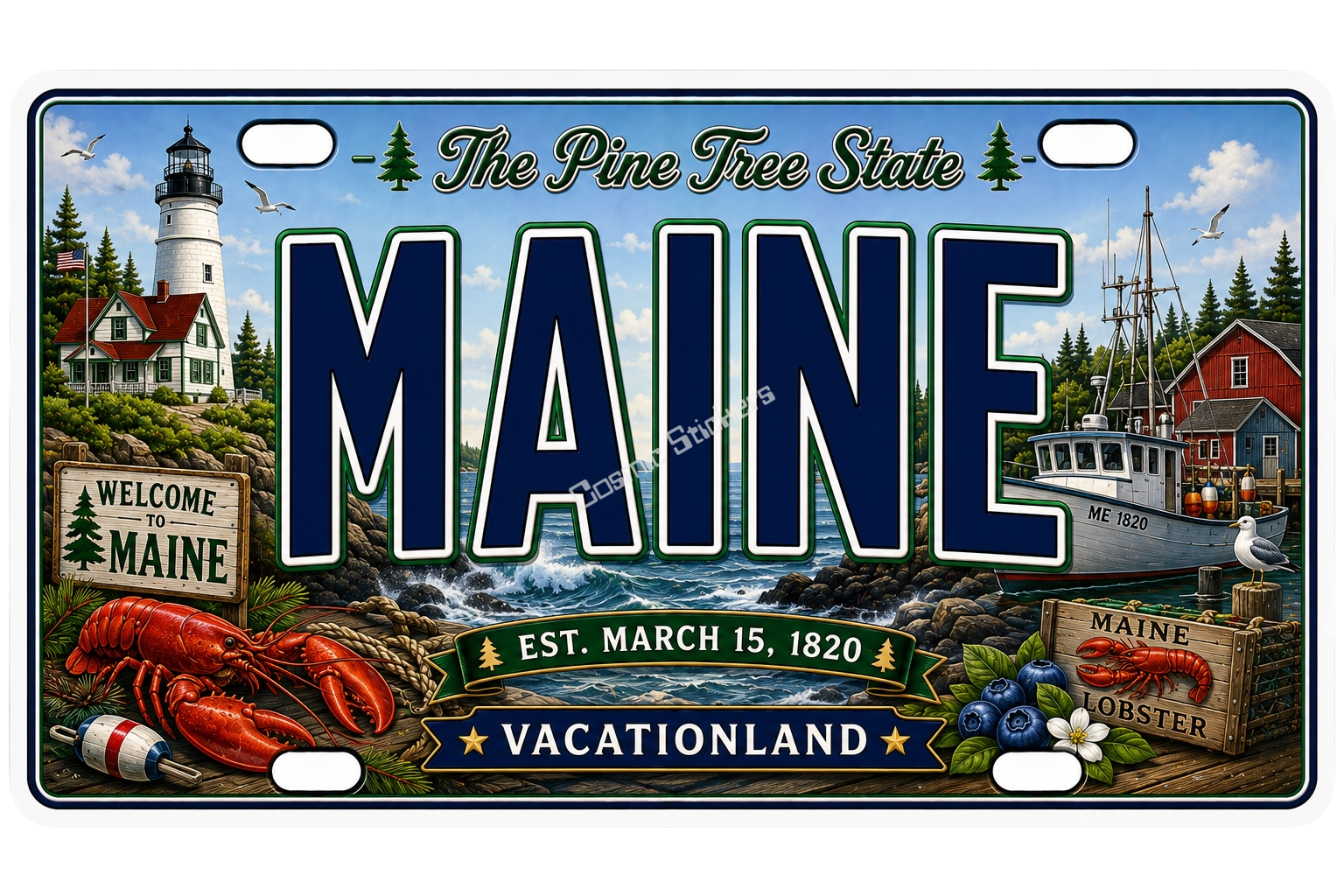 50 State License Plate Sticker Collection •ME• premium die-cut vinyl sticker by Cosmic Stickers