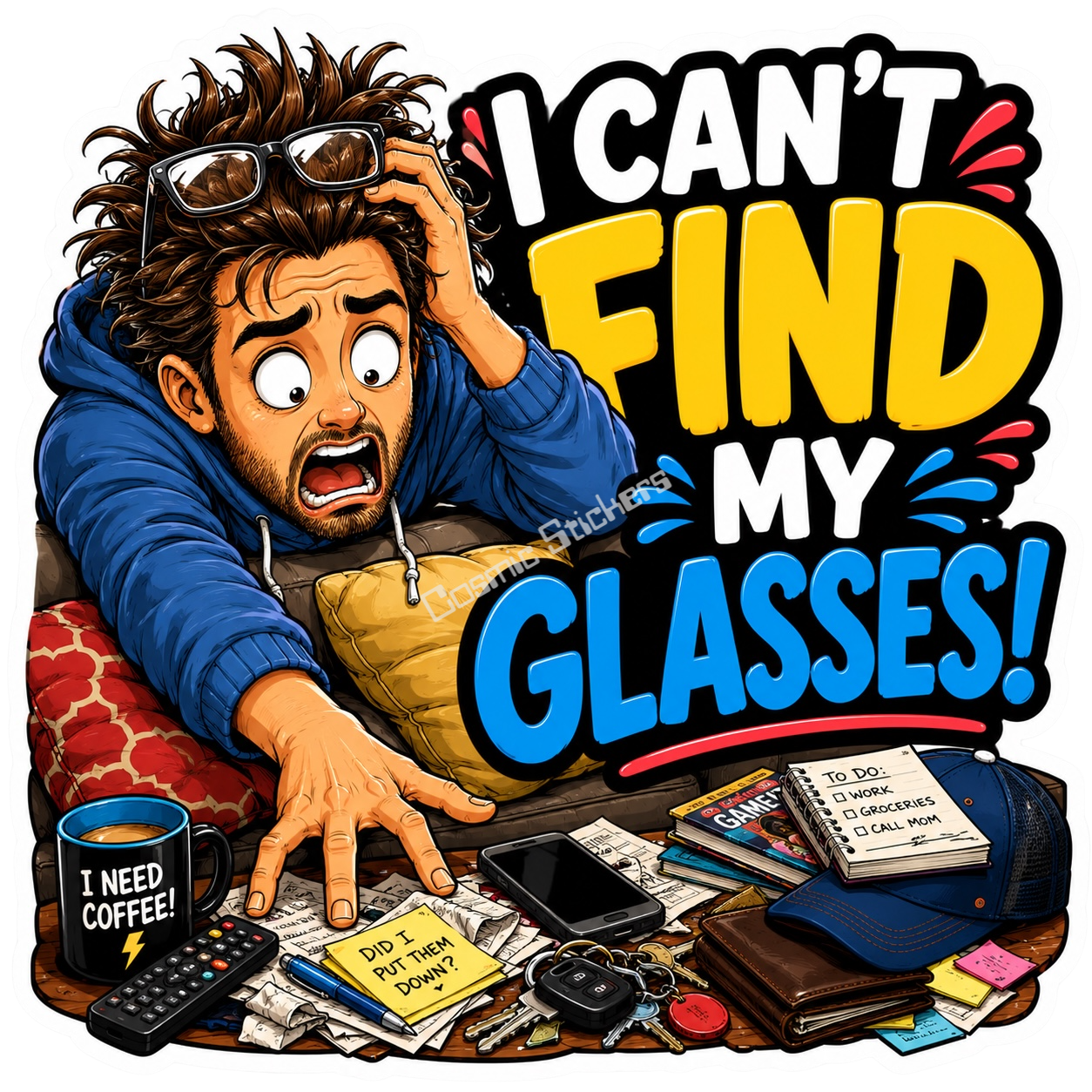 Cosmic Stickers - Man Can’t Find My Glasses premium die-cut vinyl sticker by Cosmic Stickers