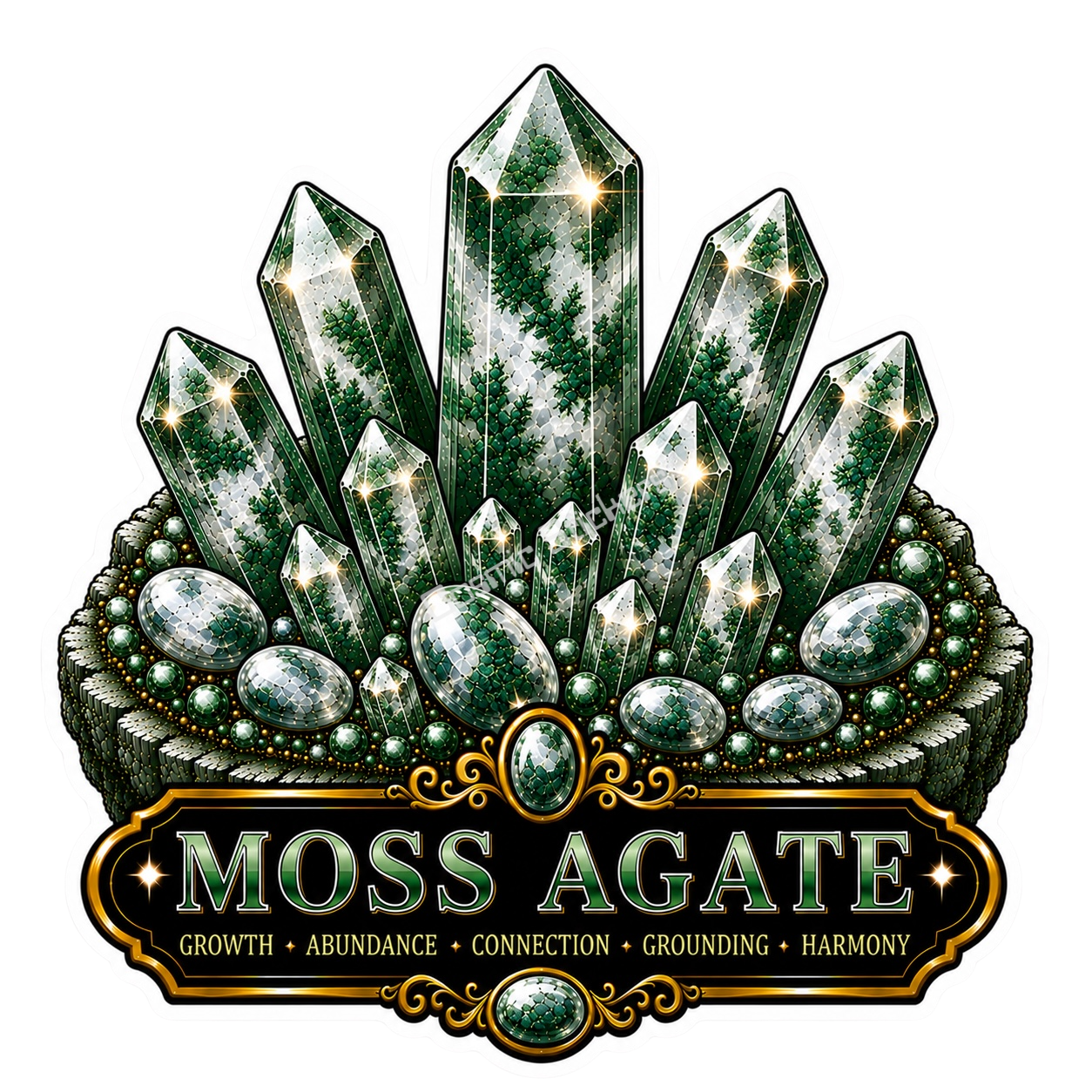 Crystal Meanings Collection - Moss Agate premium die-cut vinyl sticker by Cosmic Stickers