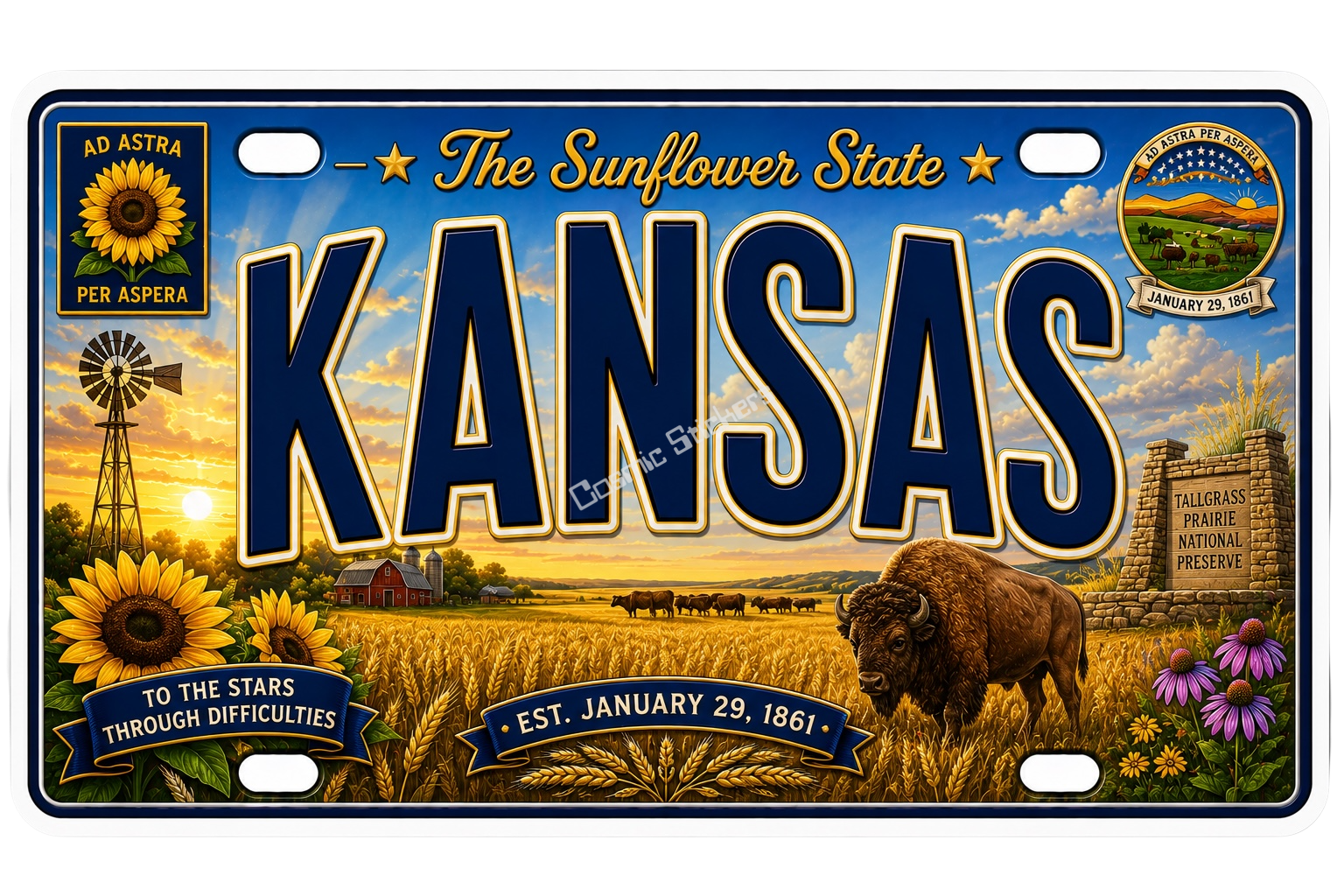 50 State License Plate Sticker Collection •KS• premium die-cut vinyl sticker by Cosmic Stickers