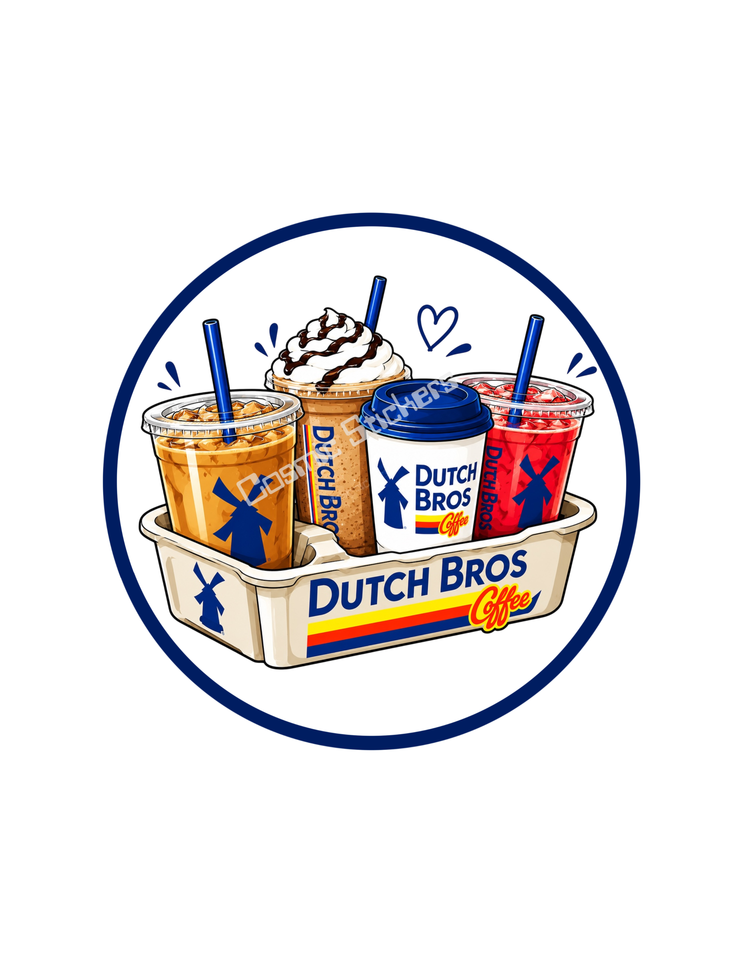Fan-made Dutch Bros coffee history tray of drinks round vinyl sticker