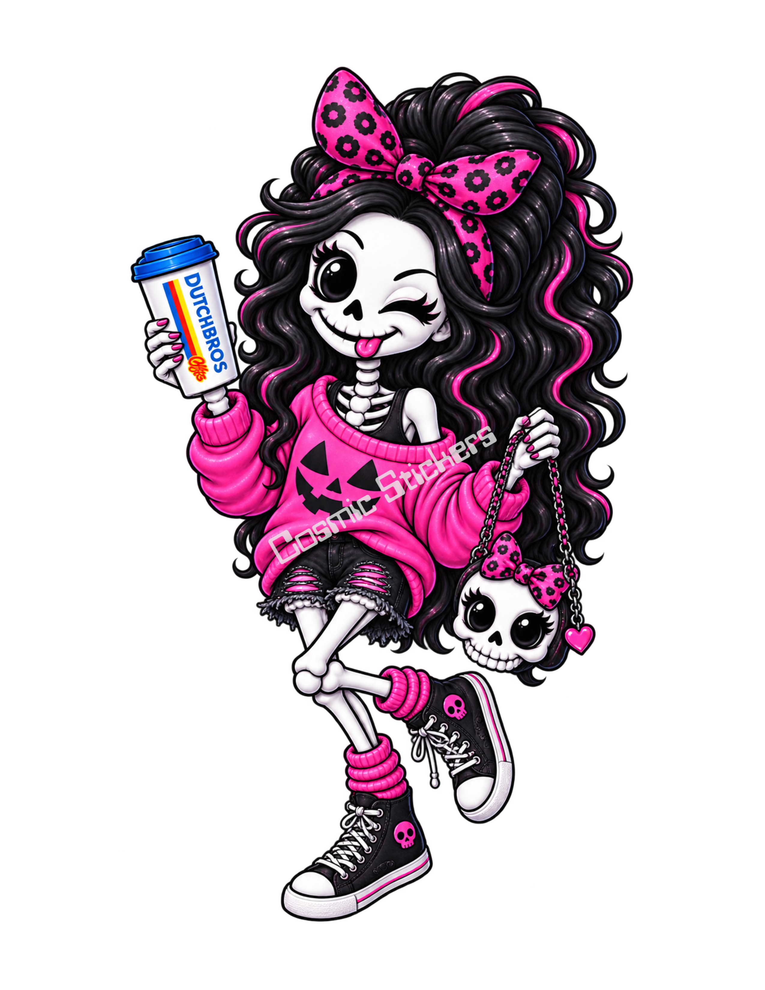 Pink Caffeine & Bones Skeleton Hot Coffee Girl w/ Skull Purse Sticker