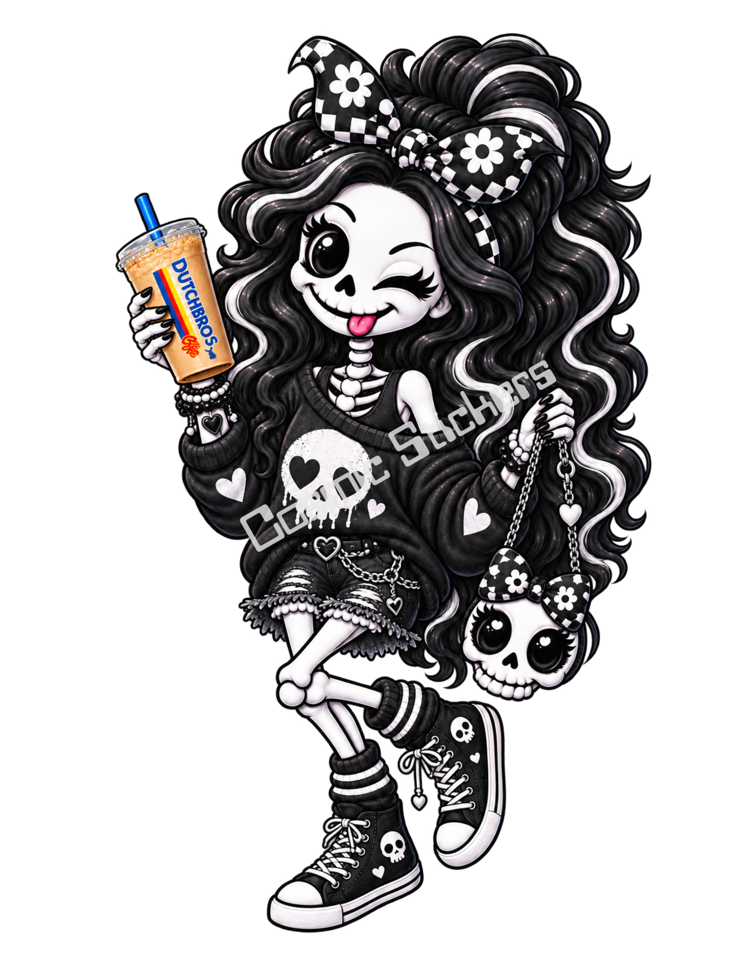 Black Caffeine & Bones Skeleton Iced Coffee Girl w/ Skull Purse Sticker