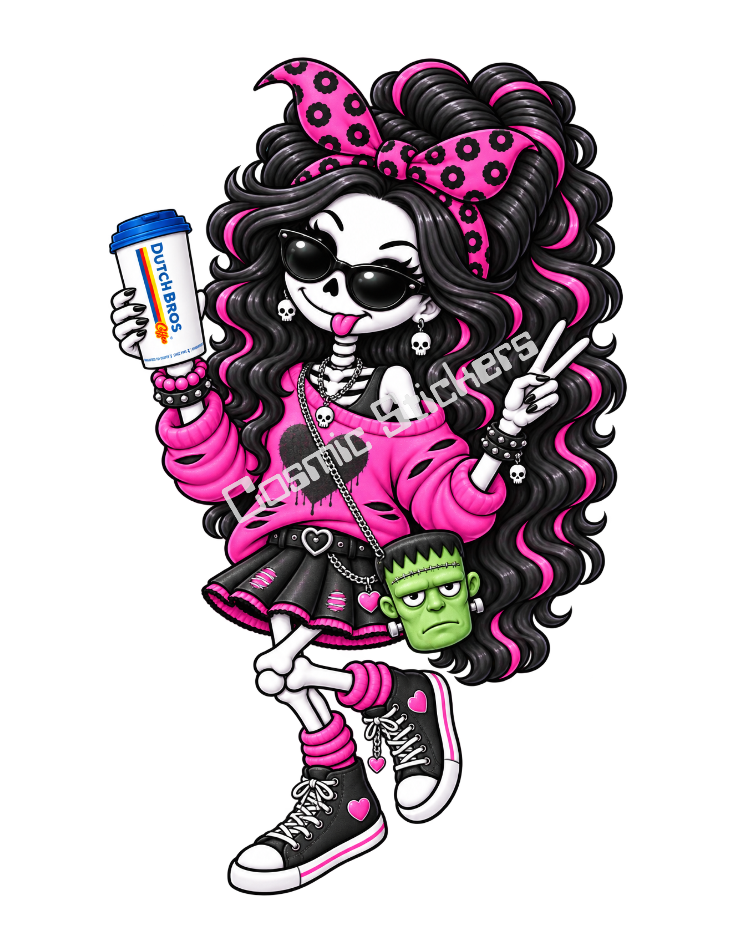 Pink Caffeine & Bones Skeleton Hot Coffee Girl w/ Frankenstein Purse Sticker