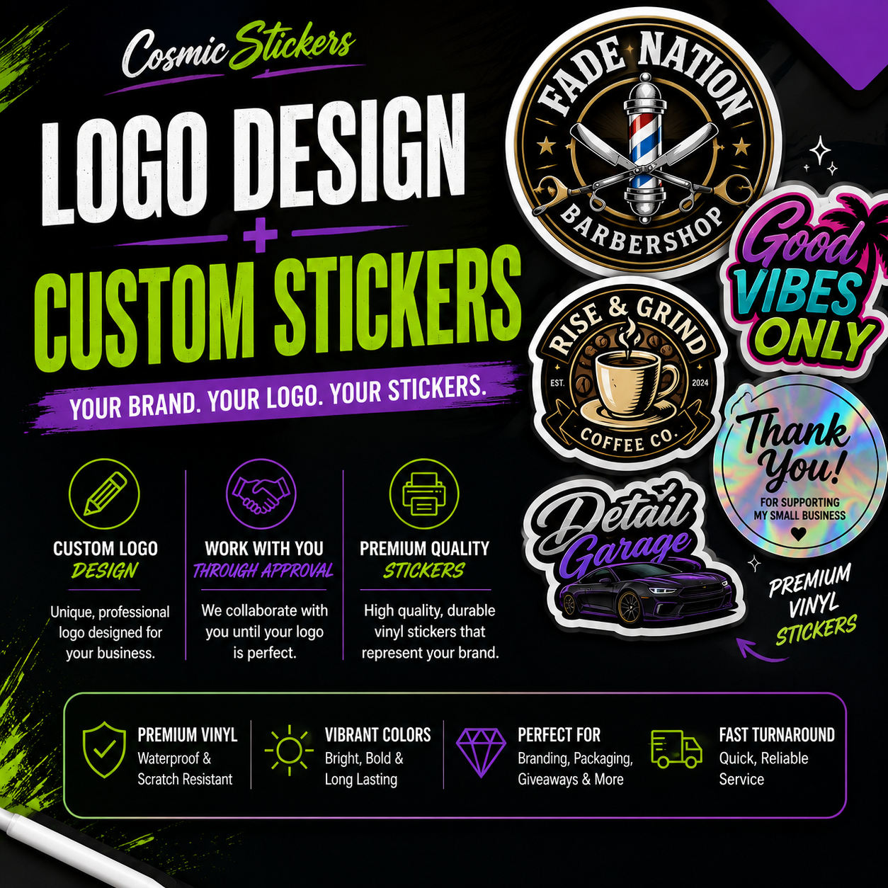 Custom logo design and custom sticker printing package by Cosmic Stickers with business logo and premium vinyl sticker examples.