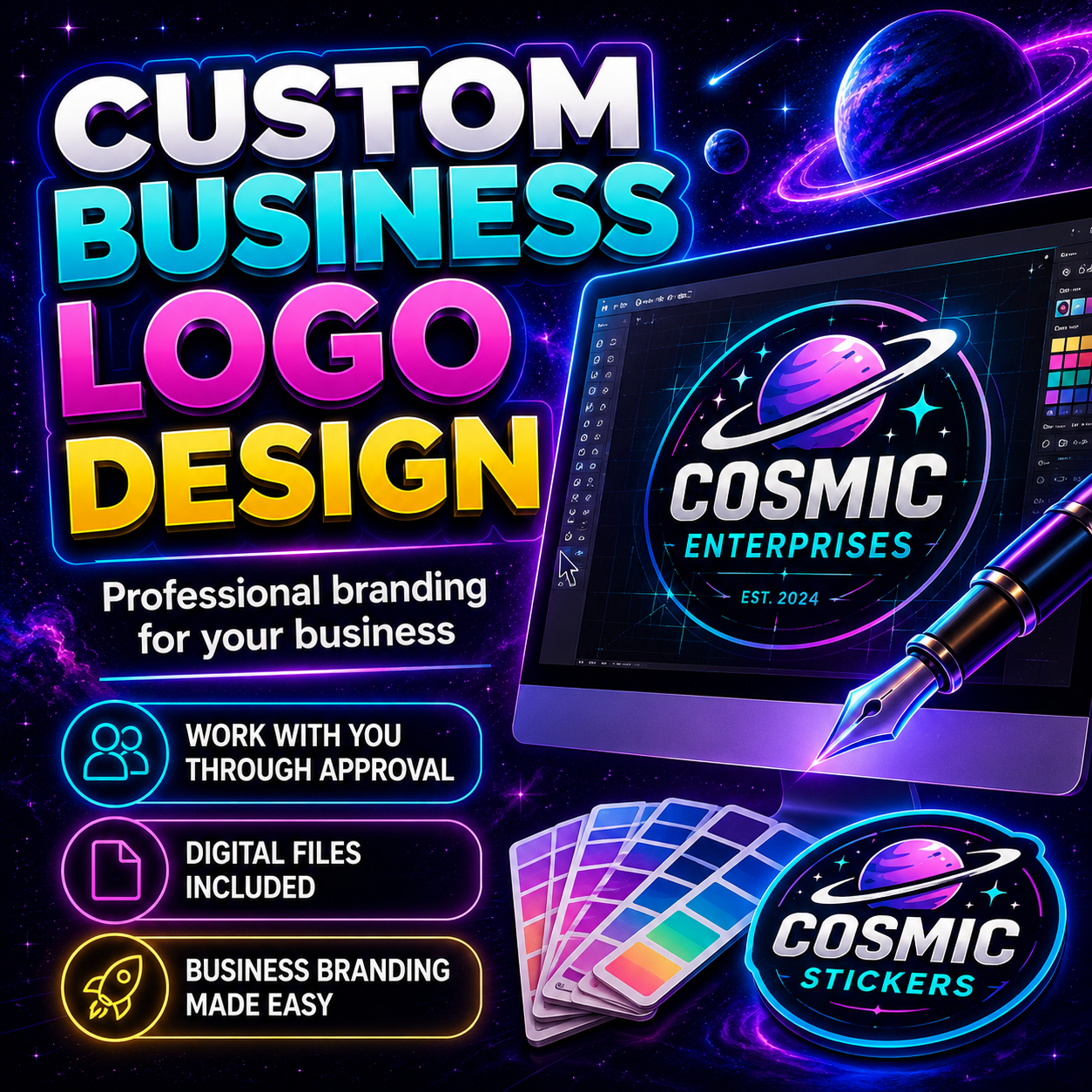 Custom business logo design service by Cosmic Stickers featuring professional branding, digital logo design, and color palette examples.