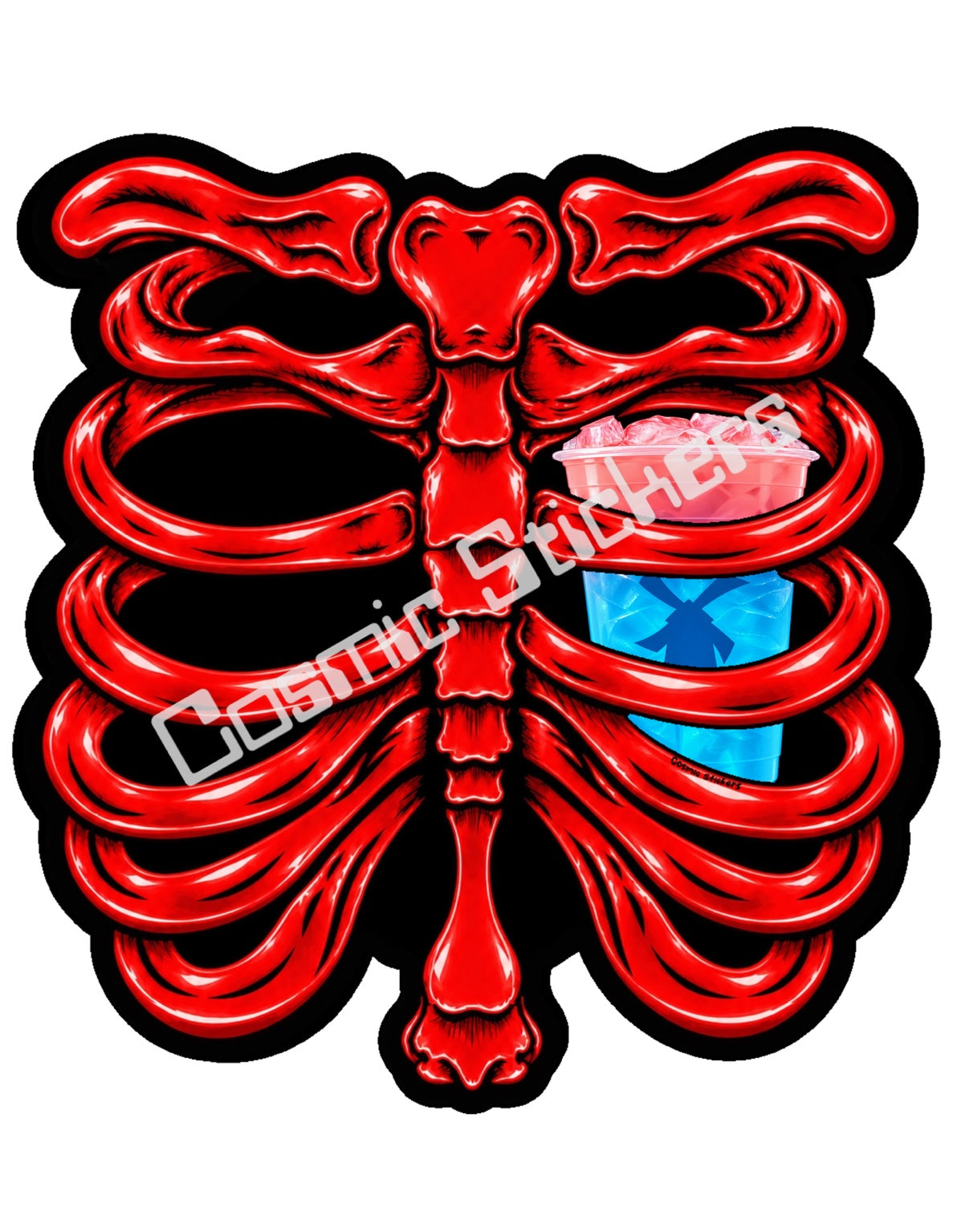 Fan Made Dutch Bros Red Skeleton - Pink & Blue Iced Drink Sticker