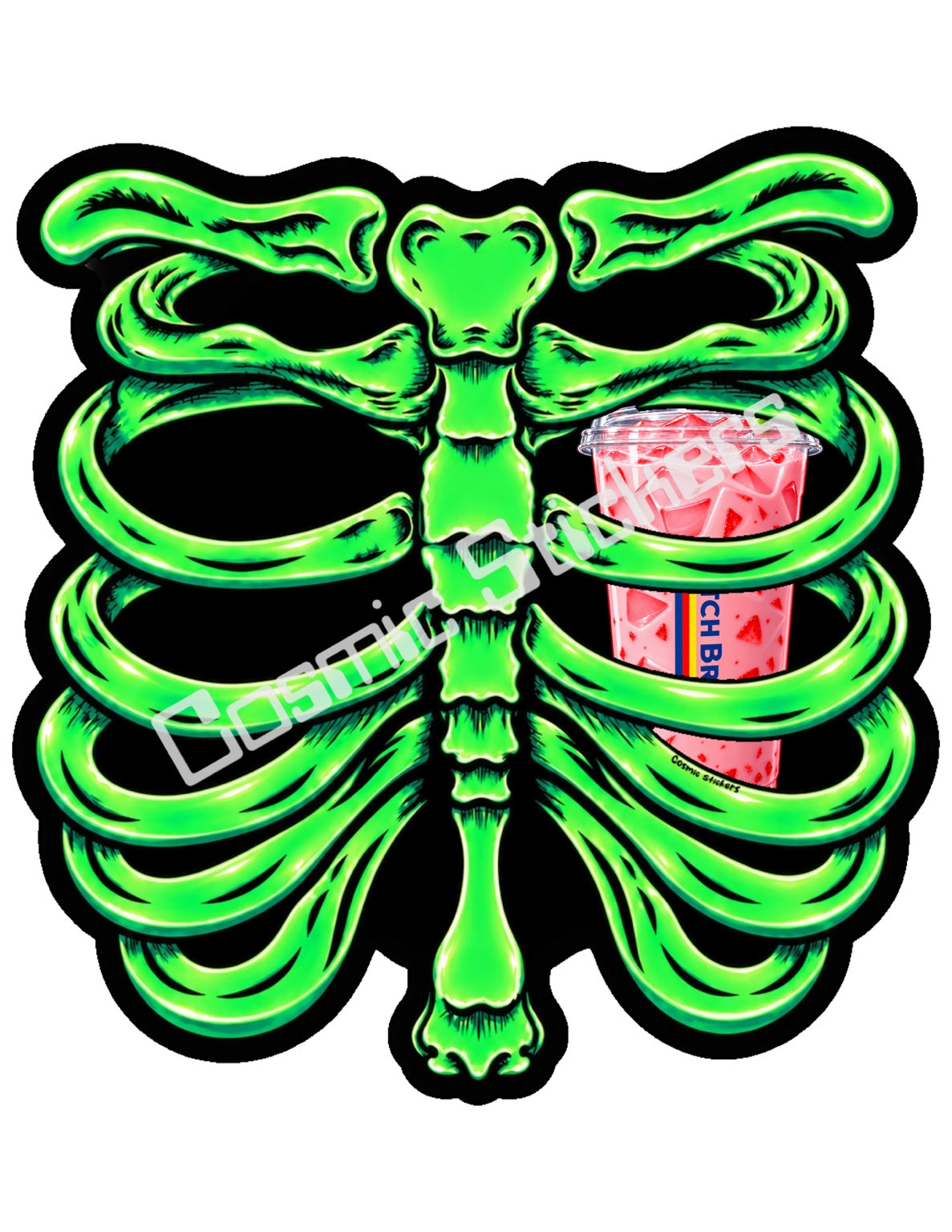 Fan Made Dutch Bros Neon Green Skeleton - Pink Strawberry Iced Drink Sticker
