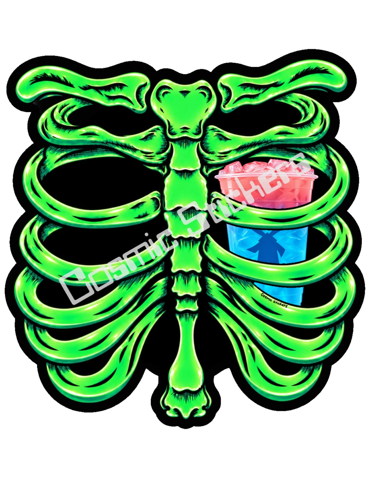 Fan Made Dutch Bros Neon Green Skeleton - Pink & Blue Iced Drink Sticker