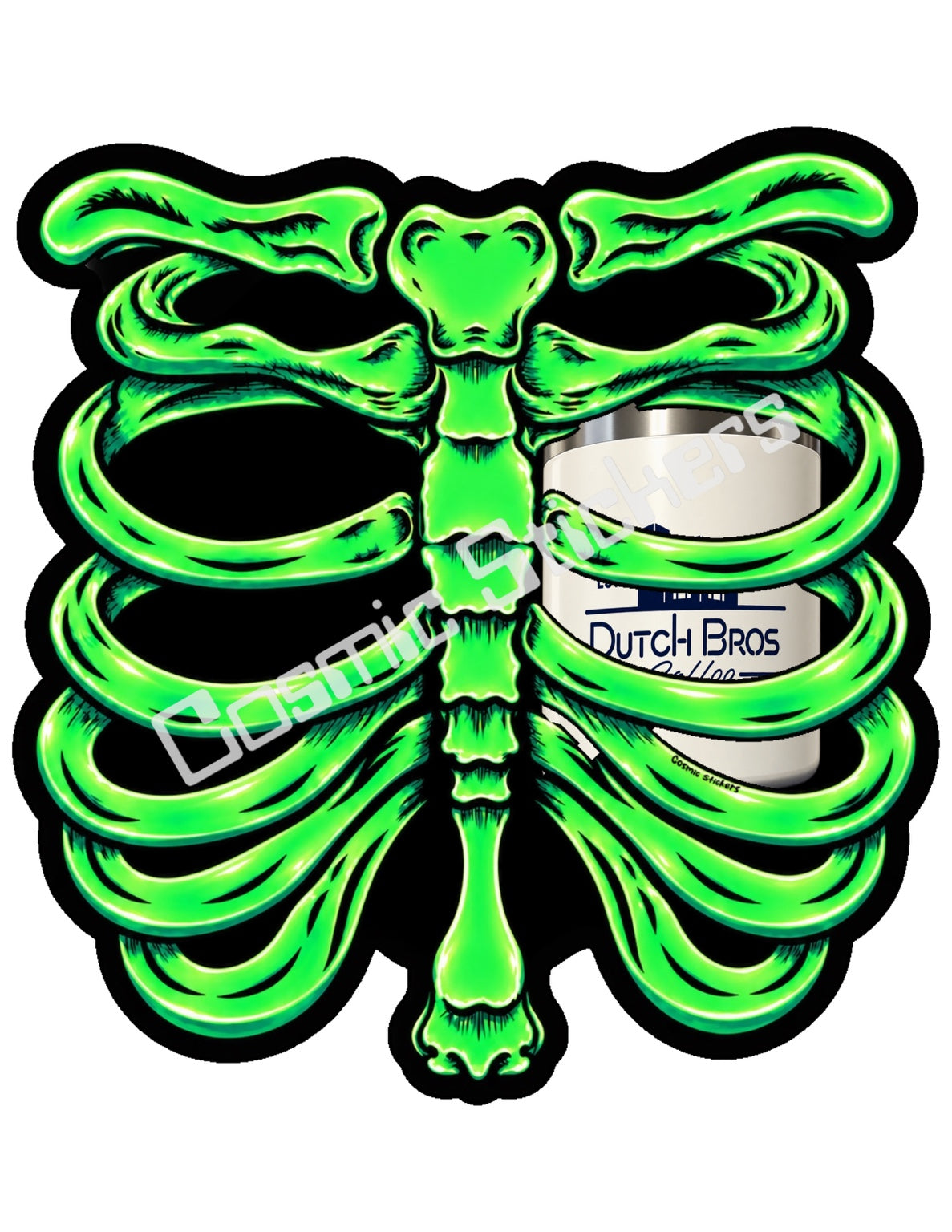 Fan Made Dutch Bros Neon Green Skeleton - Cream Travel Tumbler Sticker