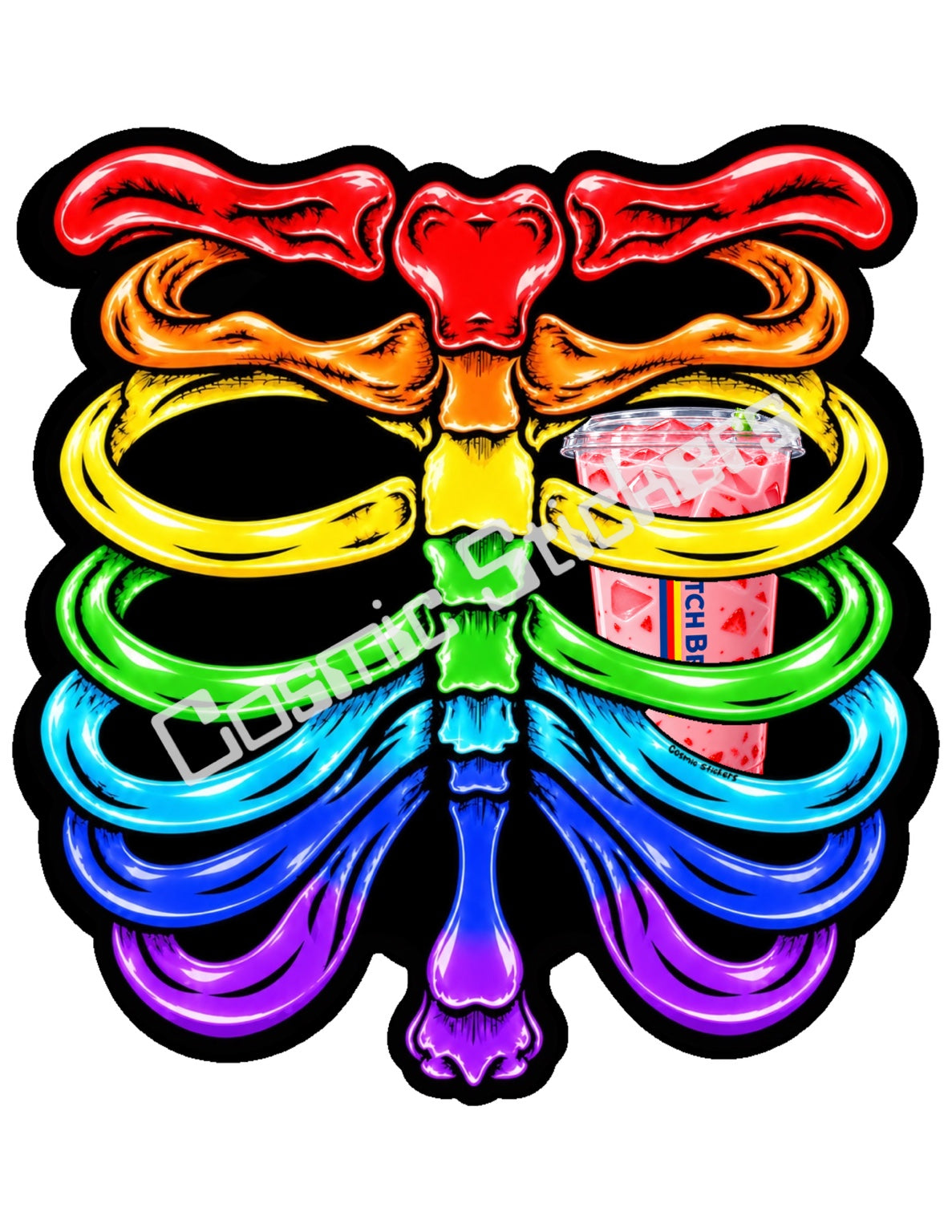 Fan Made Dutch Bros Rainbow Skeleton - Pink Strawberry Iced Drink Sticker