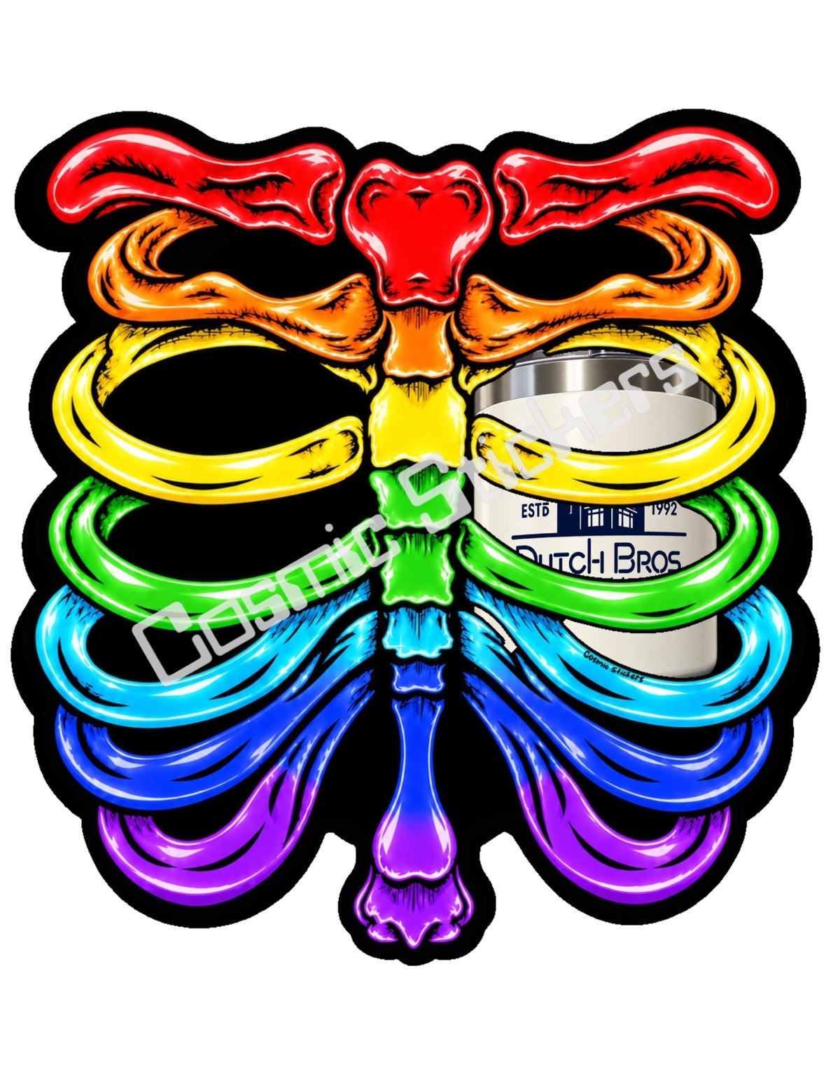 Fan Made Dutch Bros Rainbow Skeleton - Cream Travel Tumbler Sticker