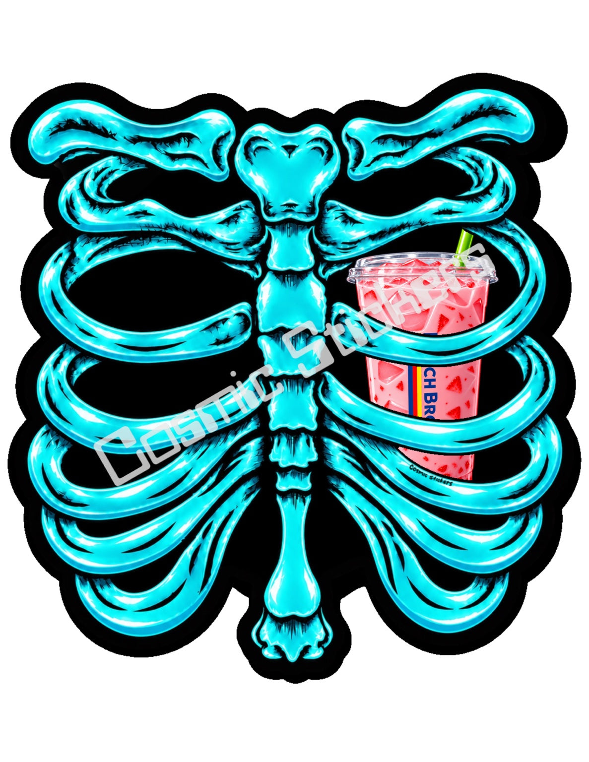 Fan Made Dutch Bros Turquoise Skeleton - Pink Strawberry Iced Drink Sticker