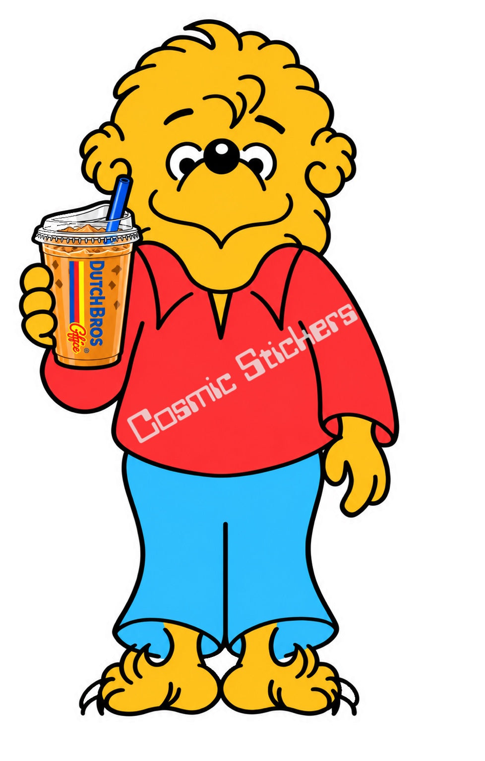 Fan-made Berenstain Bears Brother Bear holding a Dutch Bros iced coffee
